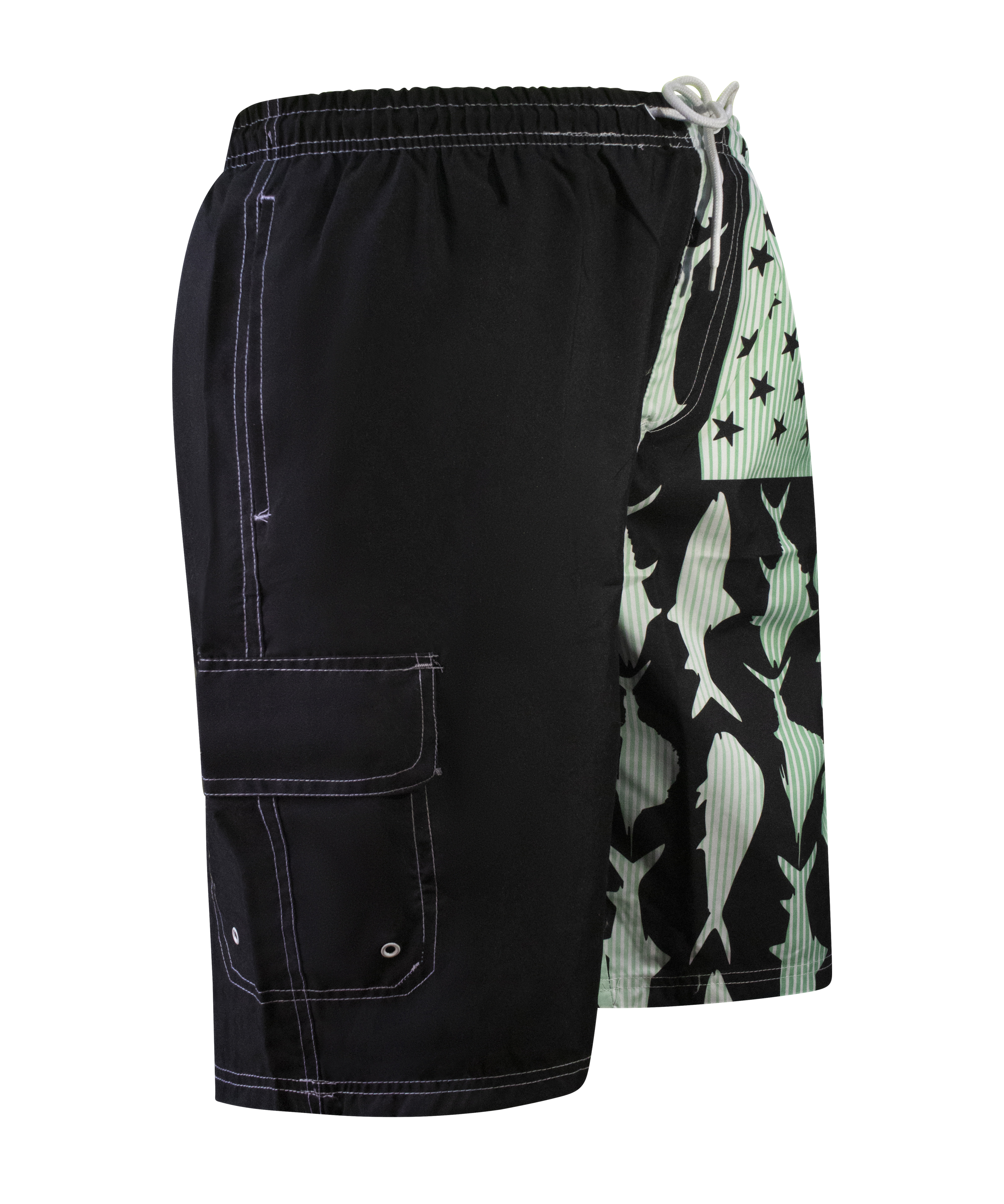Pantalones cortos de natación de carga con estampado de microfibra de tiburón con bandera americana North 15 para hombre - Imagen 9 de 16