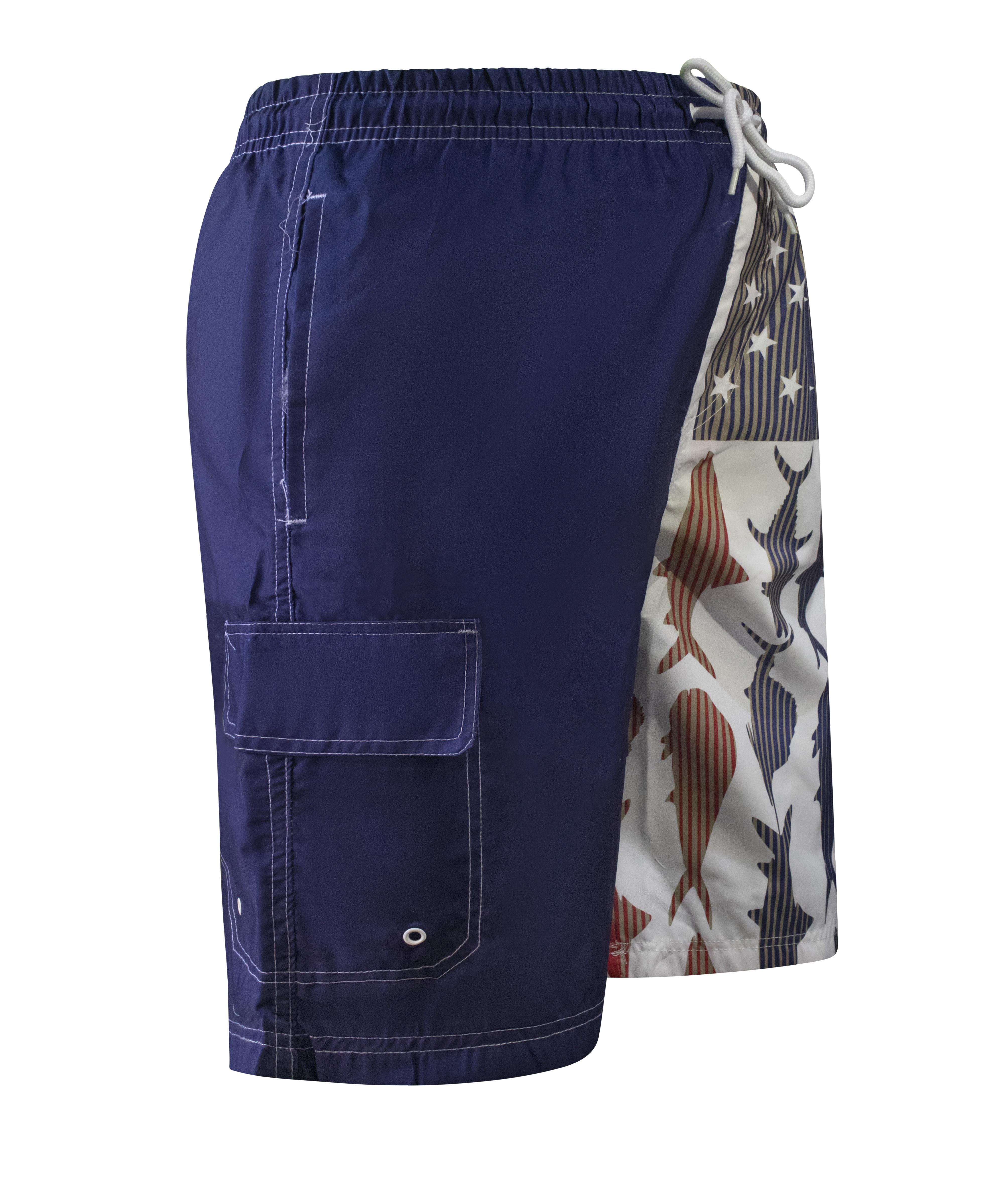 Pantalones cortos de natación de carga con estampado de microfibra de tiburón con bandera americana North 15 para hombre - Imagen 12 de 16