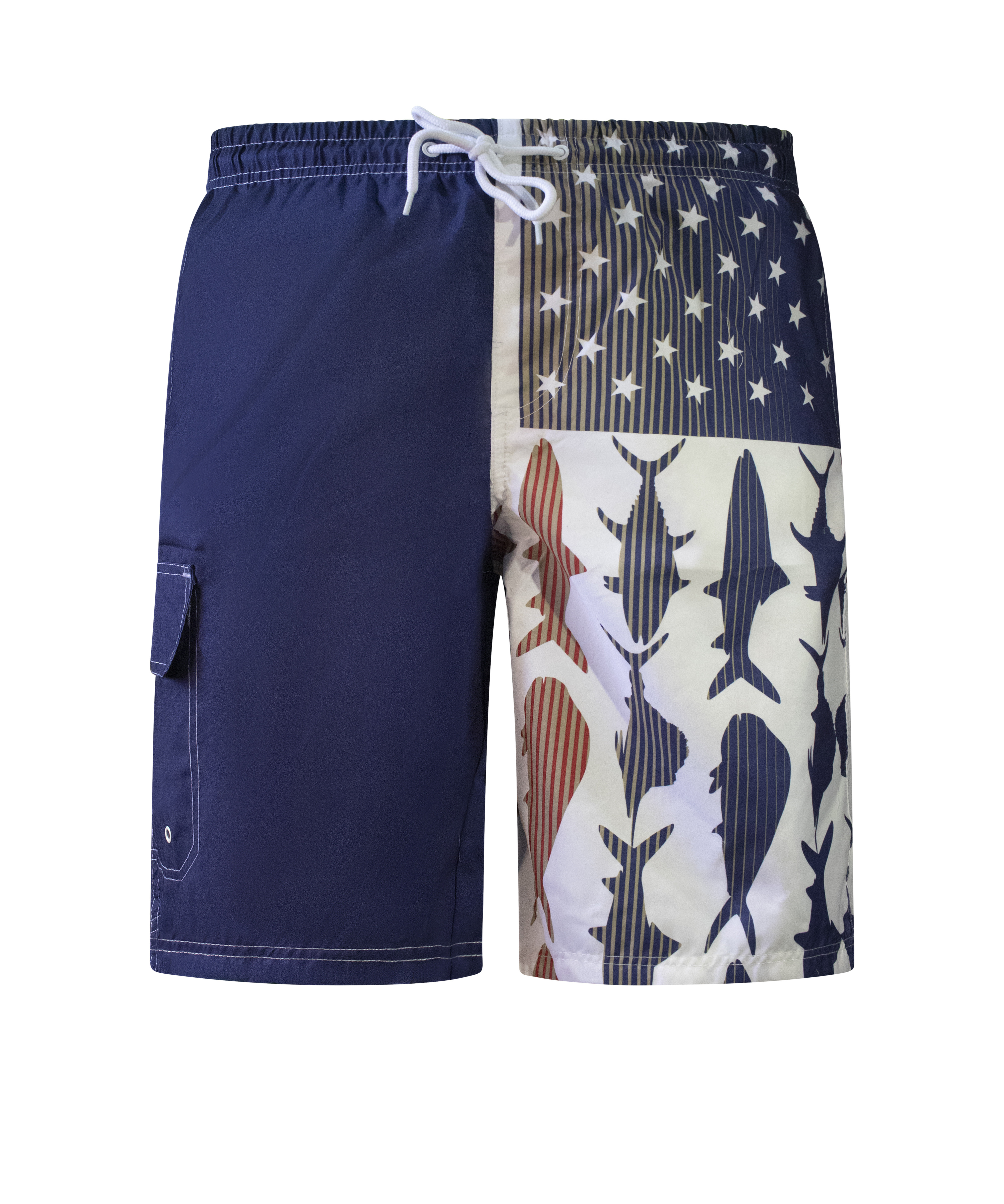Pantalones cortos de natación de carga con estampado de microfibra de tiburón con bandera americana North 15 para hombre - Imagen 11 de 16
