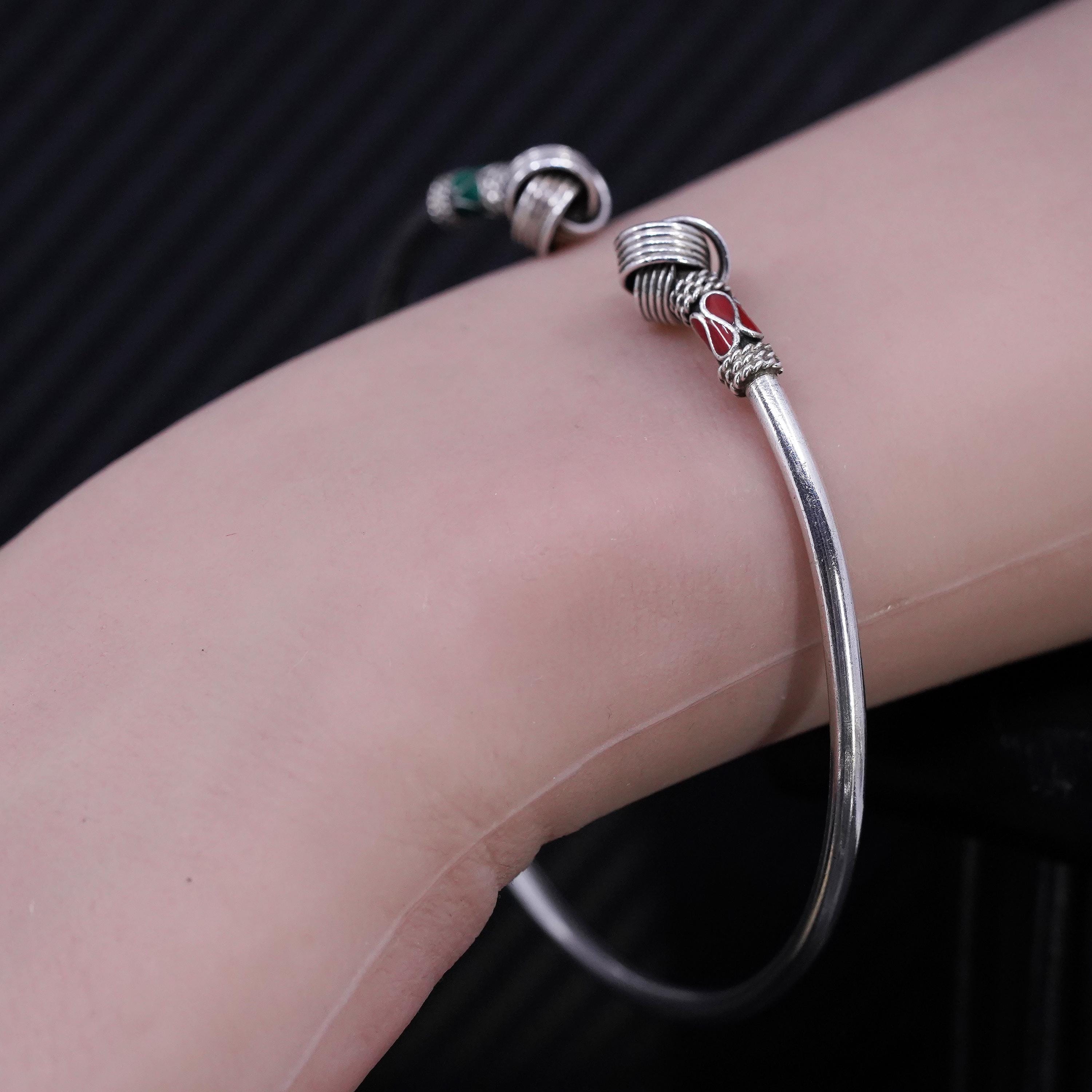 8.5”, sterling silver 925 stackable wrap bangle, bracelet entwined enamel ends