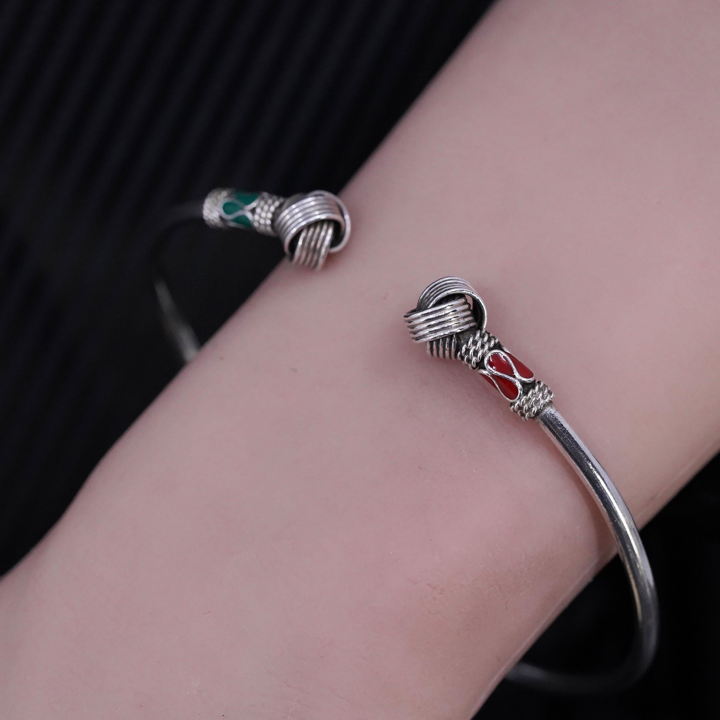 8.5”, sterling silver 925 stackable wrap bangle, bracelet entwined enamel ends