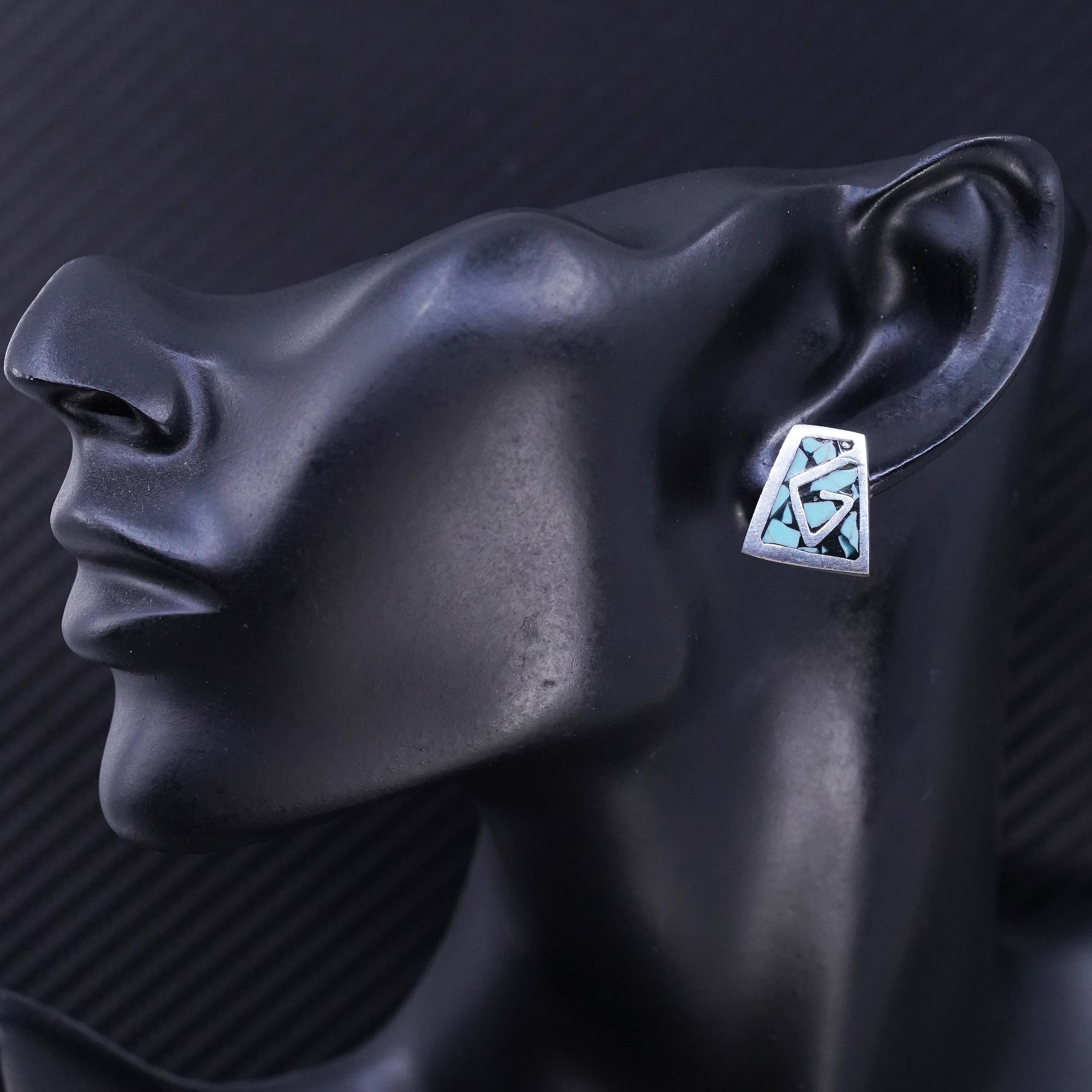 Vintage Mexican sterling silver 925 handmade turquoise inlay studs earrings detailed image 3
