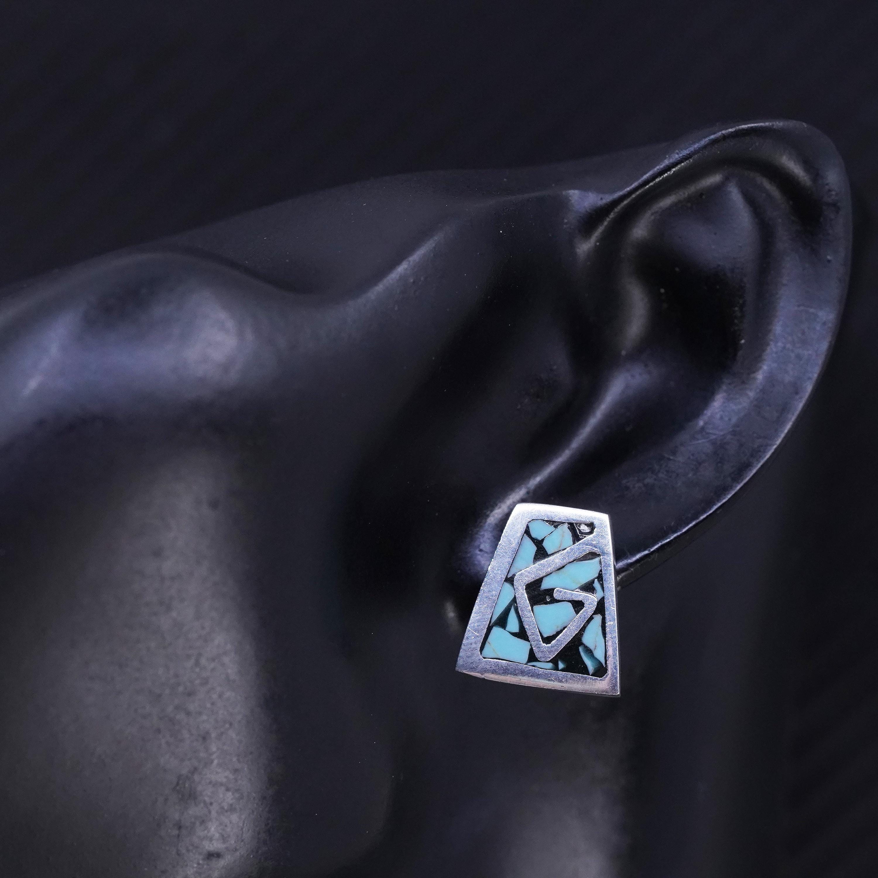 Vintage Mexican sterling silver 925 handmade turquoise inlay studs earrings detailed image 2