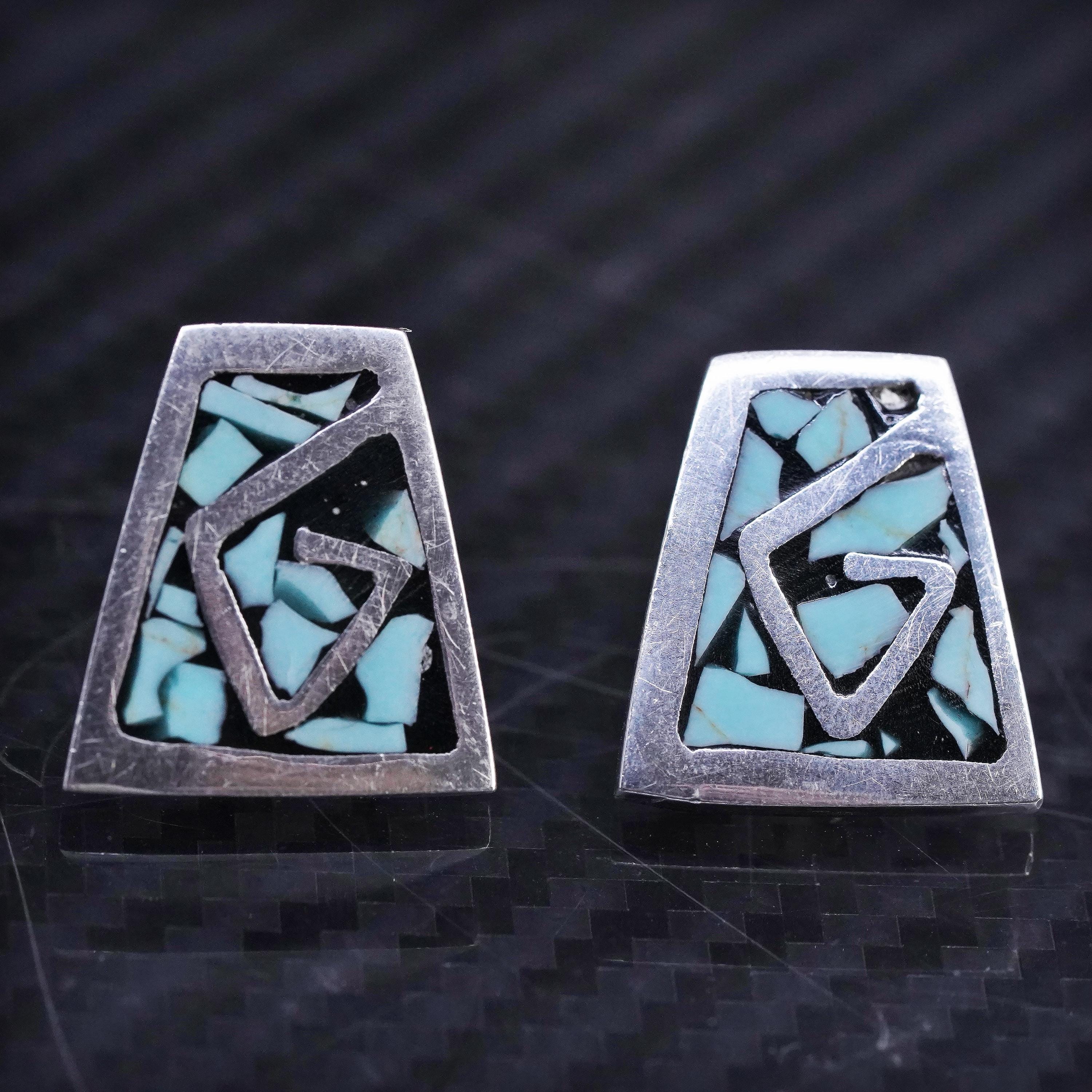 Vintage Mexican sterling silver 925 handmade turquoise inlay studs earrings main product image