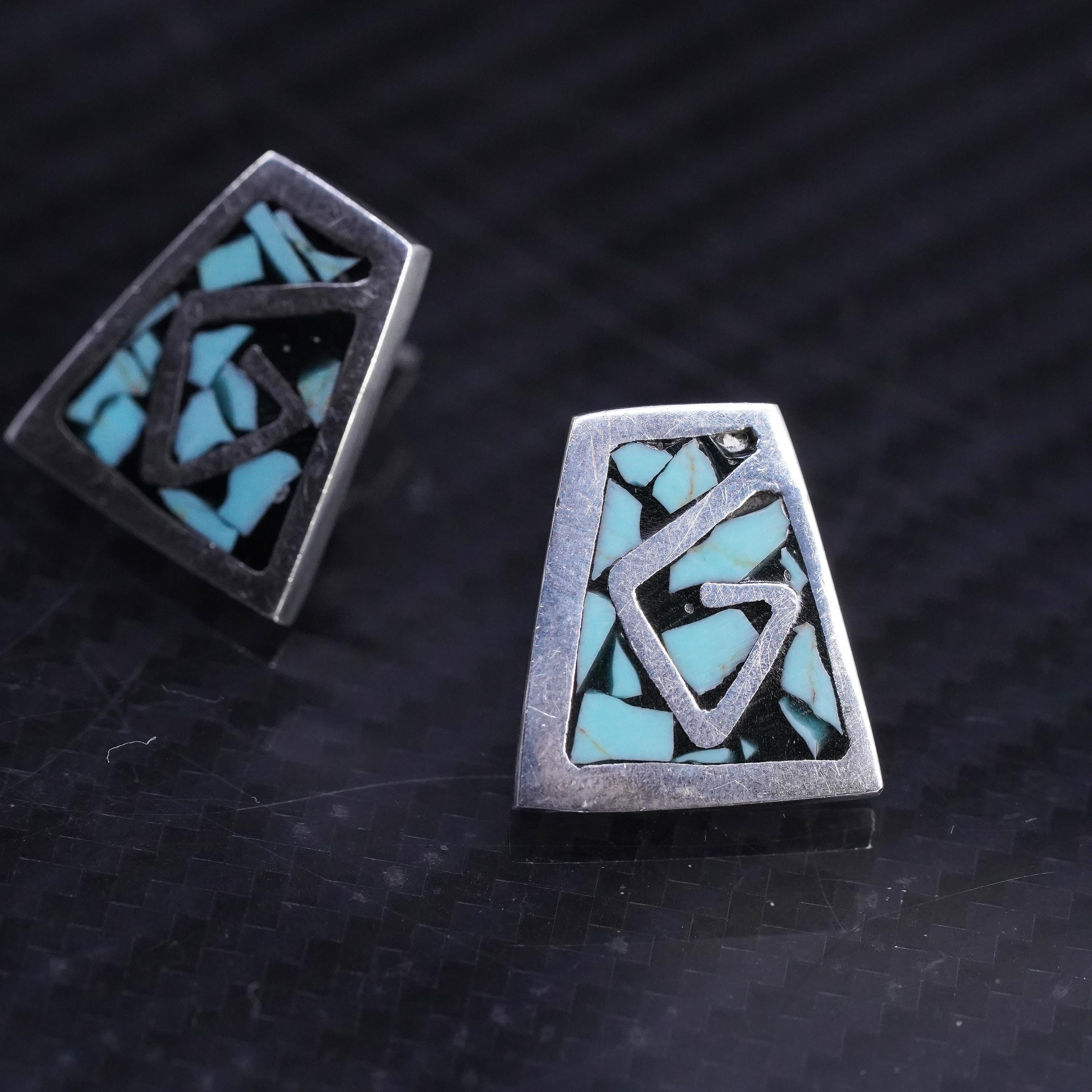 Vintage Mexican sterling silver 925 handmade turquoise inlay studs earrings detailed image 6