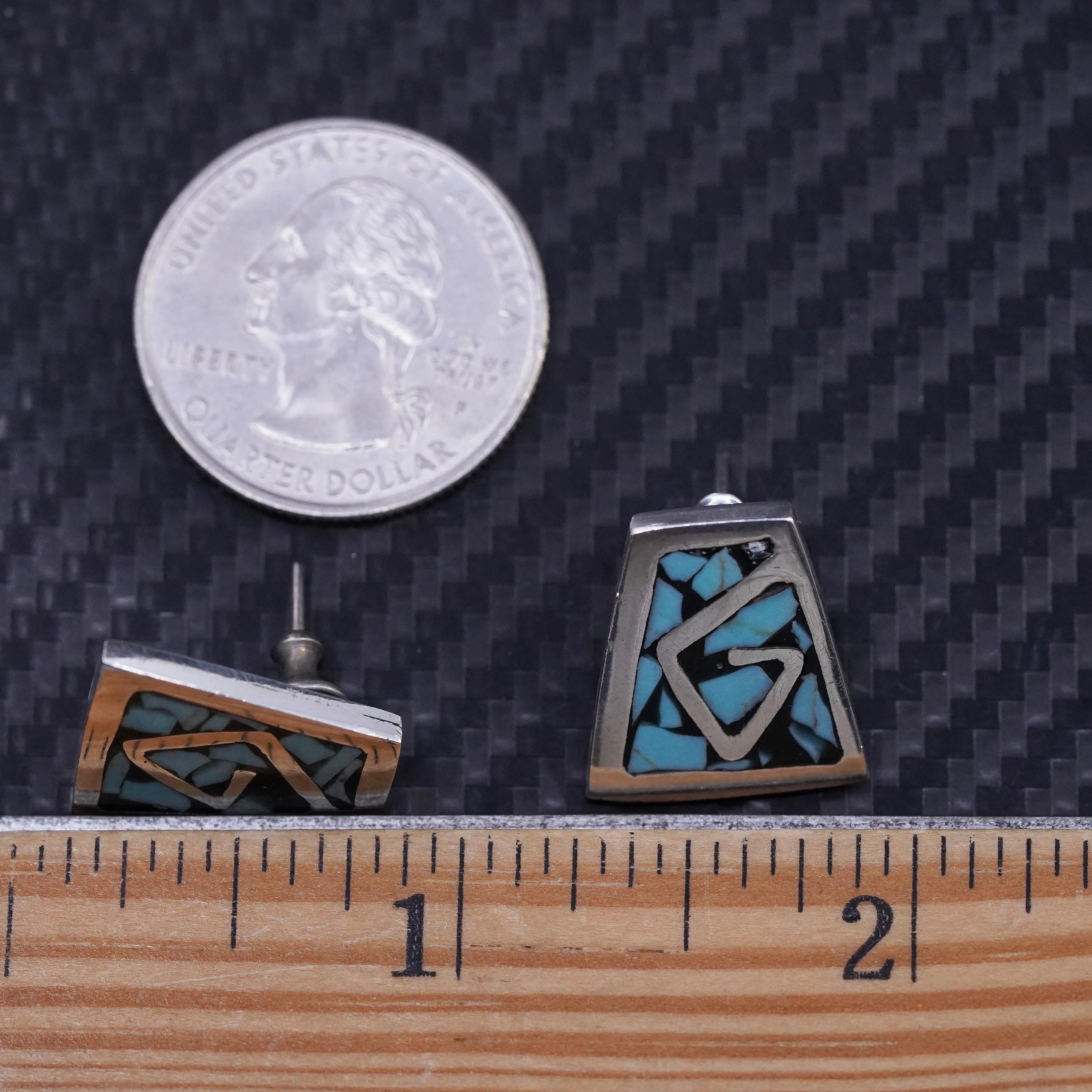 Vintage Mexican sterling silver 925 handmade turquoise inlay studs earrings detailed image 8