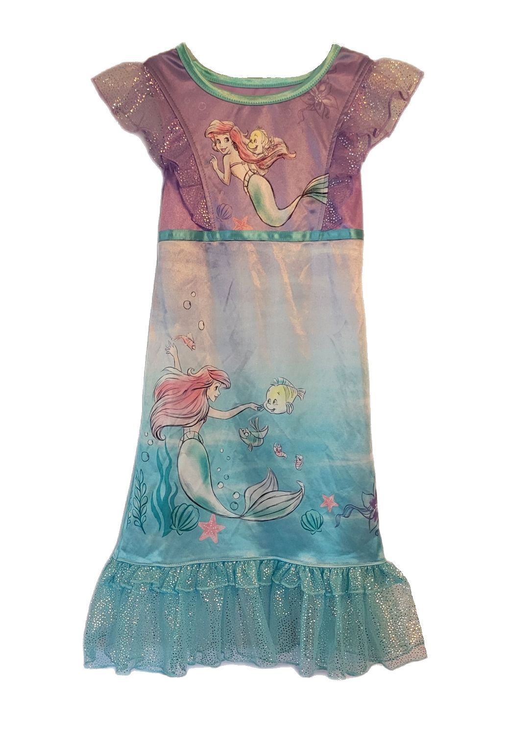 Disney Little Mermaid Ariel and Flounder Girl's Satinet Tulle Nightgown - Picture 4 of 6