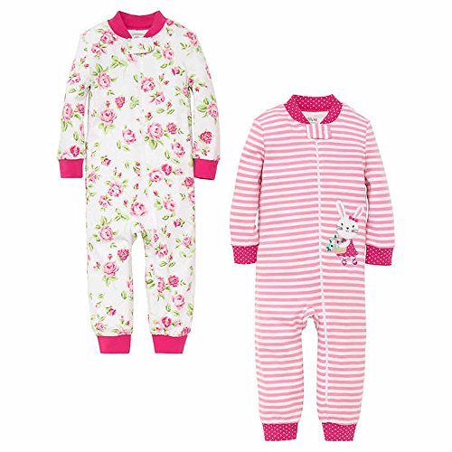 Little Me Girl's Rose Print and Striped Bunny Cotton Pajama Sleeper Set - Picture 2 of 3