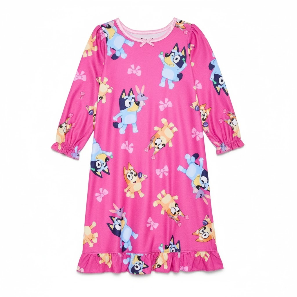 Bluey and Bingo Toddler Girl’s Character Print Bright Pink Flannel Nightgown