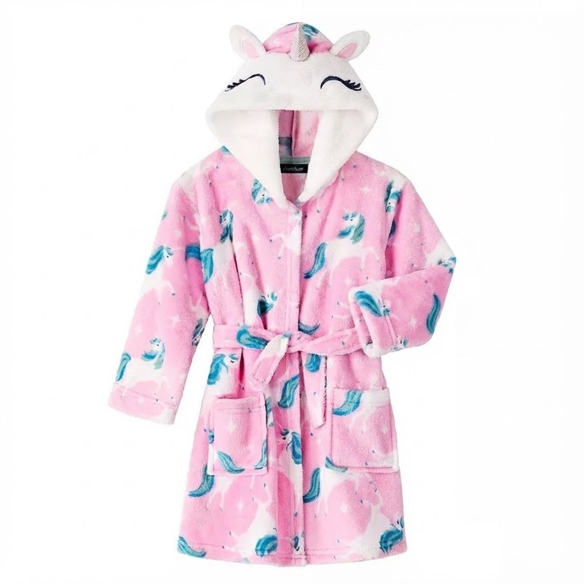 Toddler Girl’s Pink Unicorn Print Soft Fleece Hooded Bathrobe, Robe