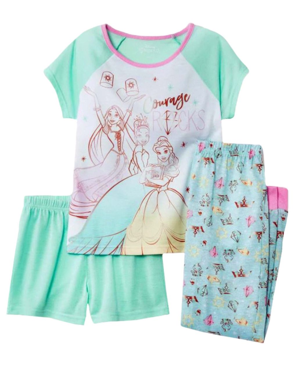 Disney Princess Rapunzel, Tiana and Belle Girl's 3-Piece Pajama Set