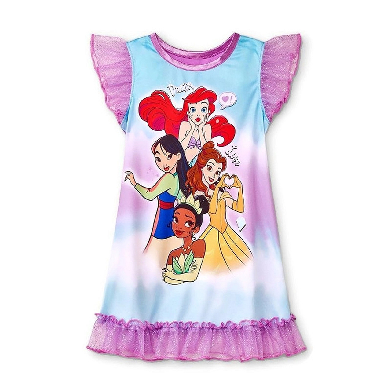 Disney Princess Big Girl's Ariel, Mulan, Belle and Tiana Silky Purple  Nightgown