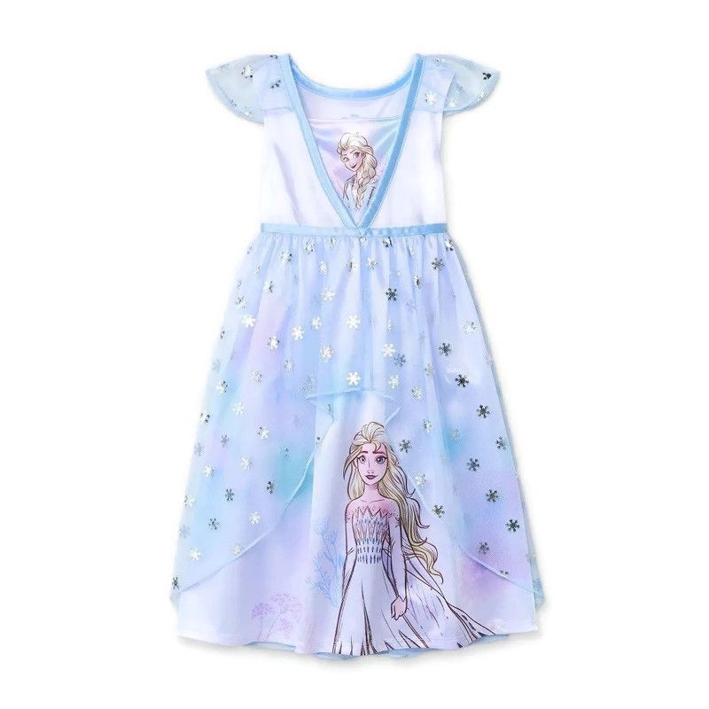 Disney Frozen Queen Elsa Light Blue Snowflake Tulle Toddler Girl Nightgown,  Gown