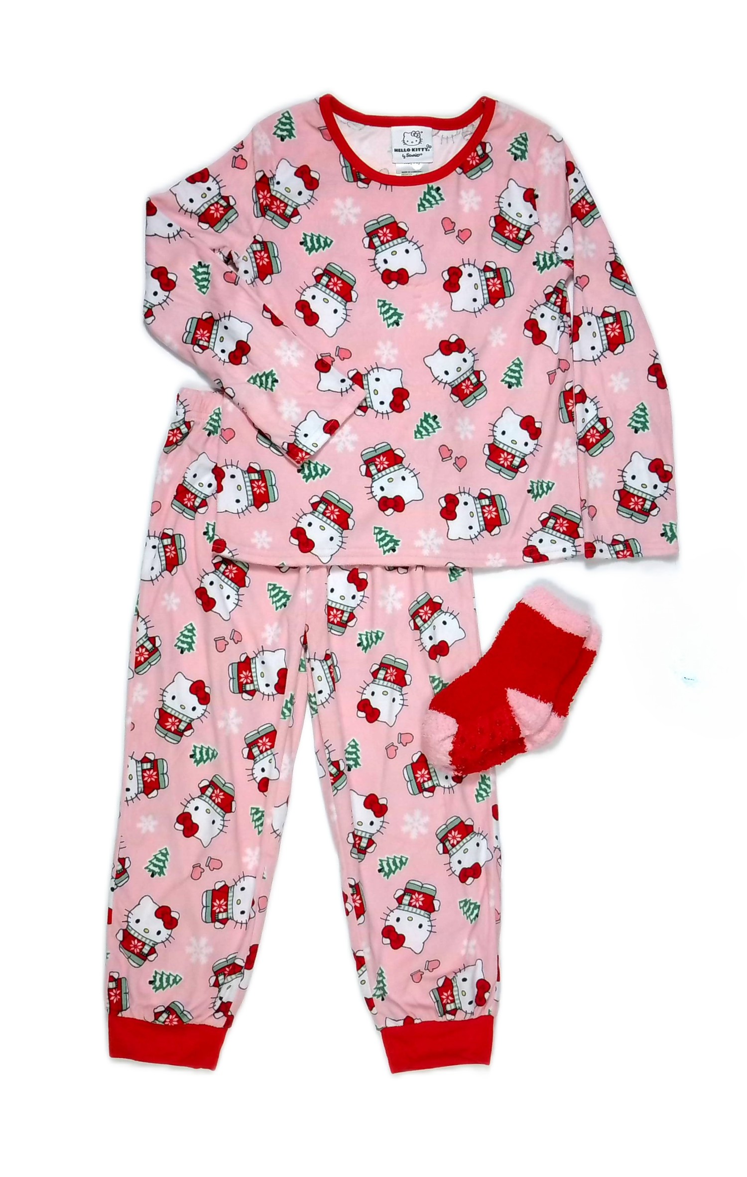 Hello Kitty Girls Pink Christmas Print Soft Holiday Pajama Set