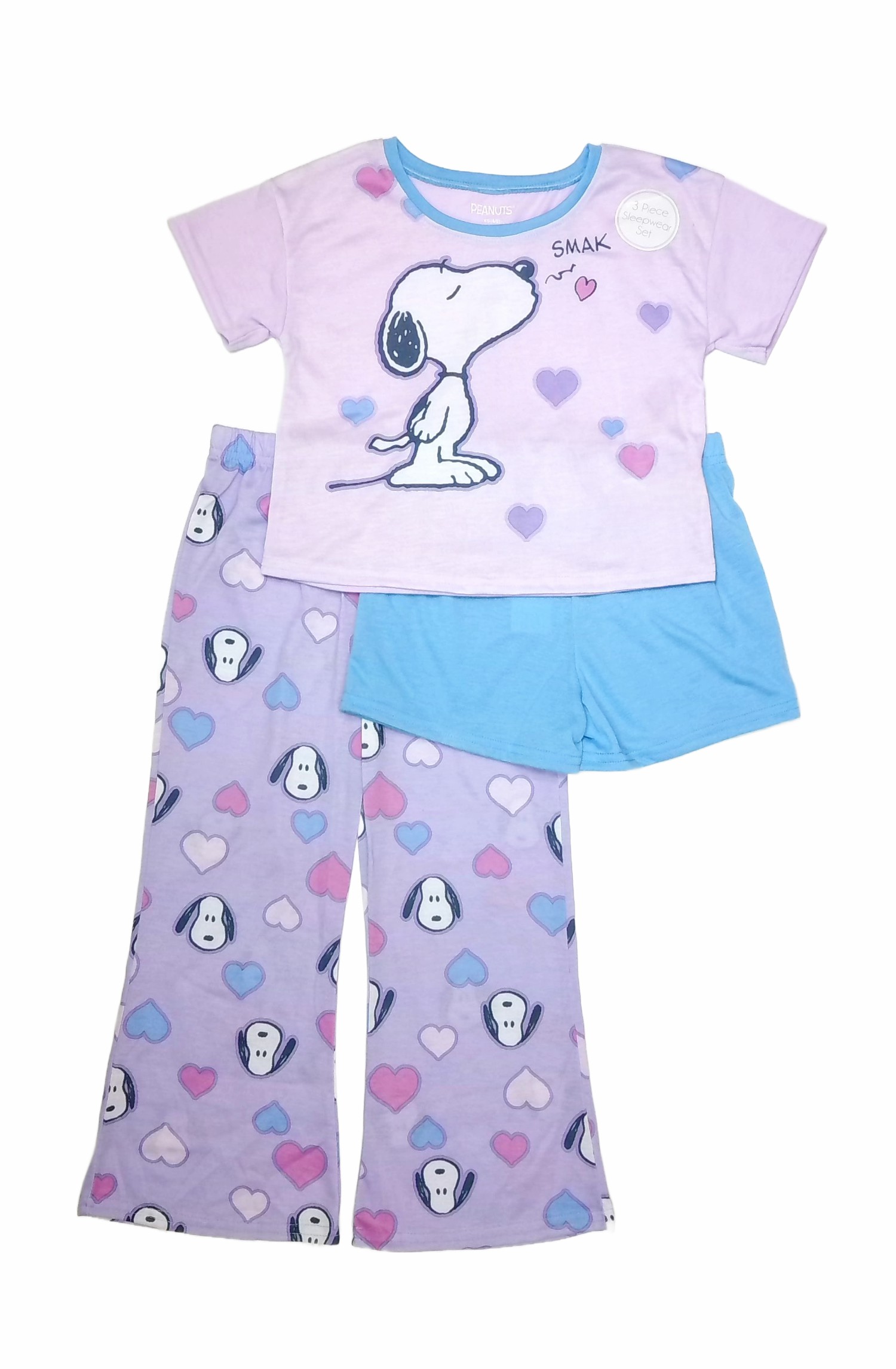 Snoopy Girl's Purple Character and Heart Print 3-Piece Pajama Set - Picture 3 of 6