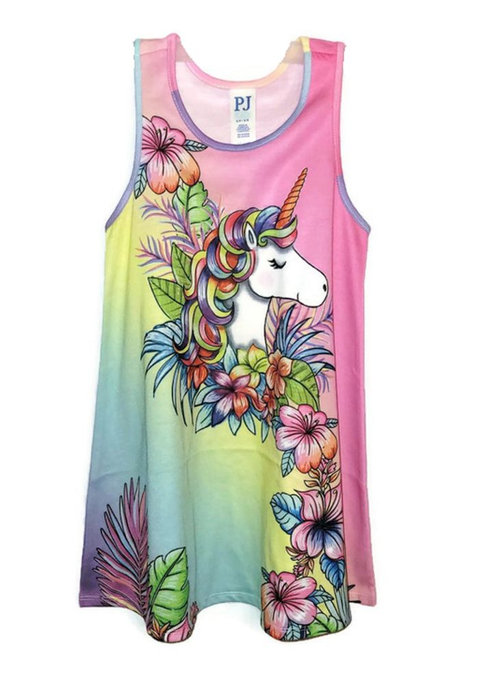 Girl's Tropical Hibiscus Floral Unicorn Sleeveless Nightgown, Gown - Picture 3 of 14