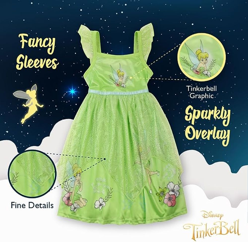 Disney Tinkerbell Girl's Green Shimmery Tulle Fantasy Nightgown, Gown - Picture 9 of 9