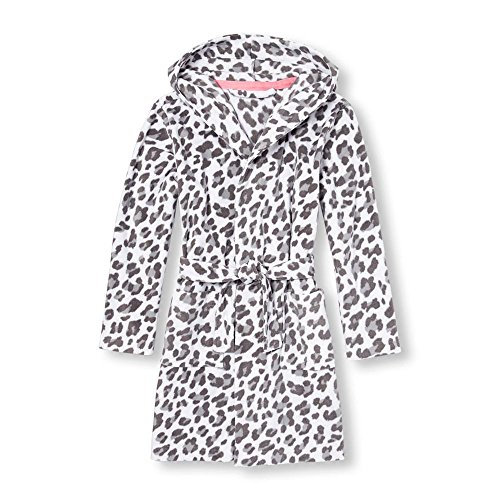 Girl's White and Gray Leopard Lightweight Microfleece Bathrobe, Robe - Picture 2 of 2