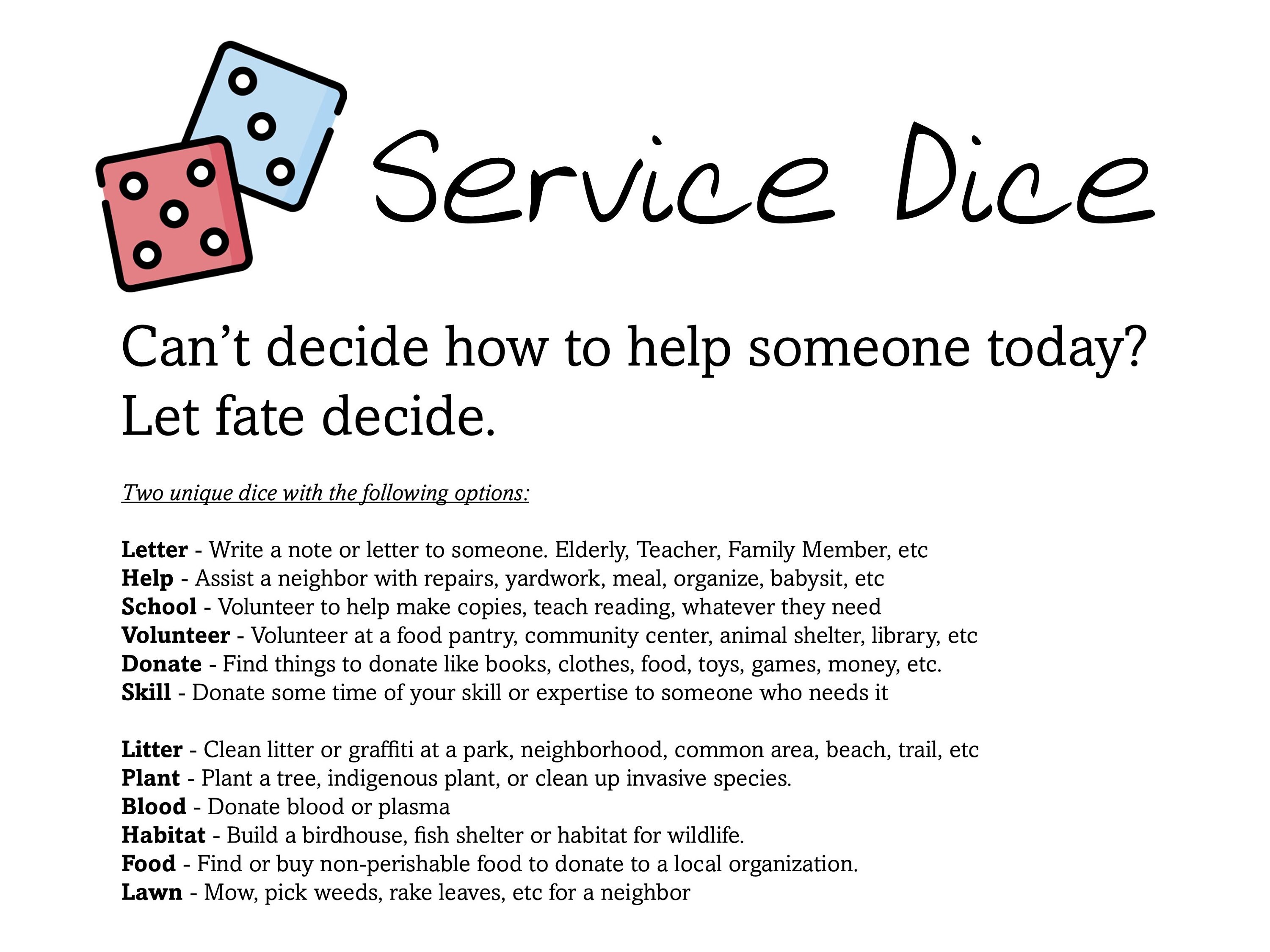 SERVICE IDEA DICE | Leave your Good Deed up to Fate | Set of 2 Unique 1.4" Dice - Picture 12 of 200