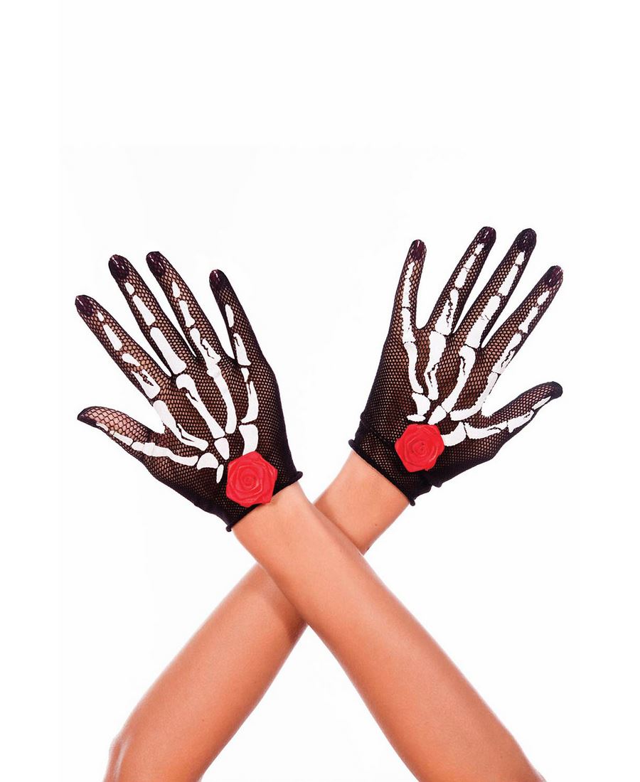Brandneu Skelettdruck und Satin Rose Fischernetz Handschuhe Musik Beine 429 - Bild 2 von 2