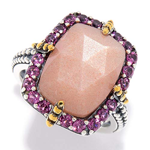 4 x 10mm Peach Moonstone & Rhodolite Garnet Beaded Halo Ring