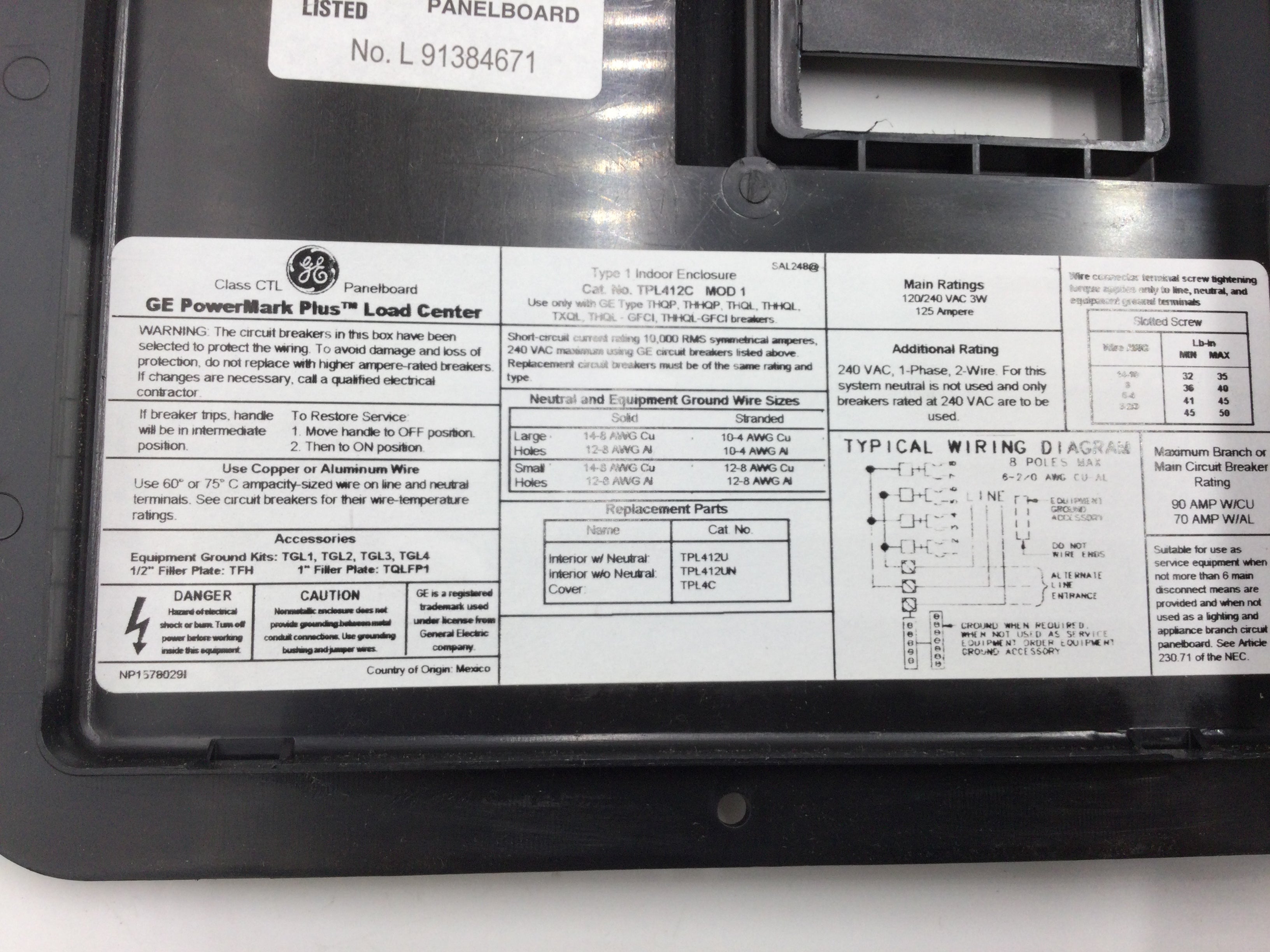 Panel de disyuntor de terminal principal interior GE TPL412C 125 amperios 4 espacios 8 circuitos - Imagen 10 de 11