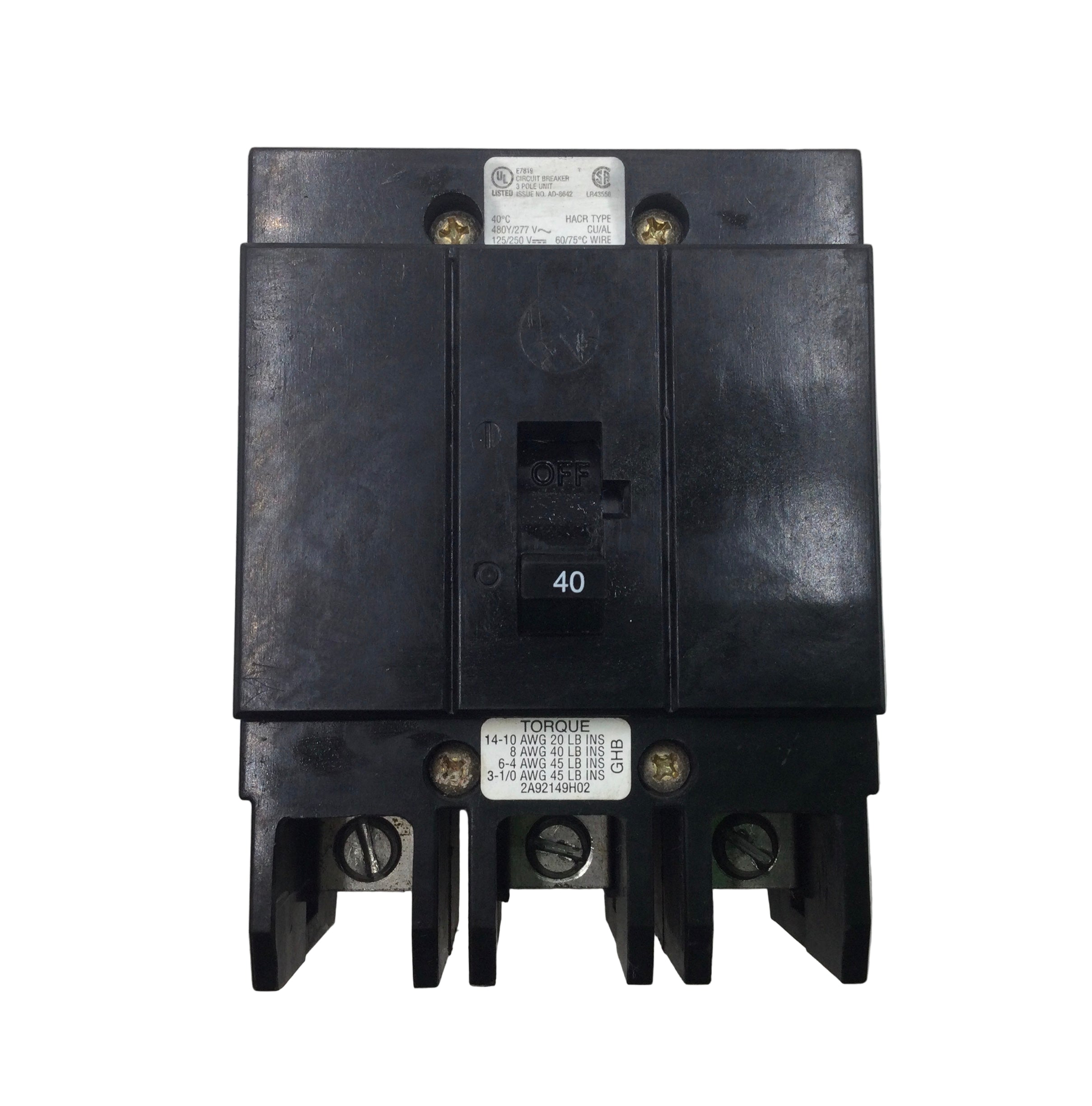 Eaton/Cutler-Hammer GHB3040 40 Amp 3 Pole 277/480V Molded Case Circuit Breaker - Picture 11 of 12