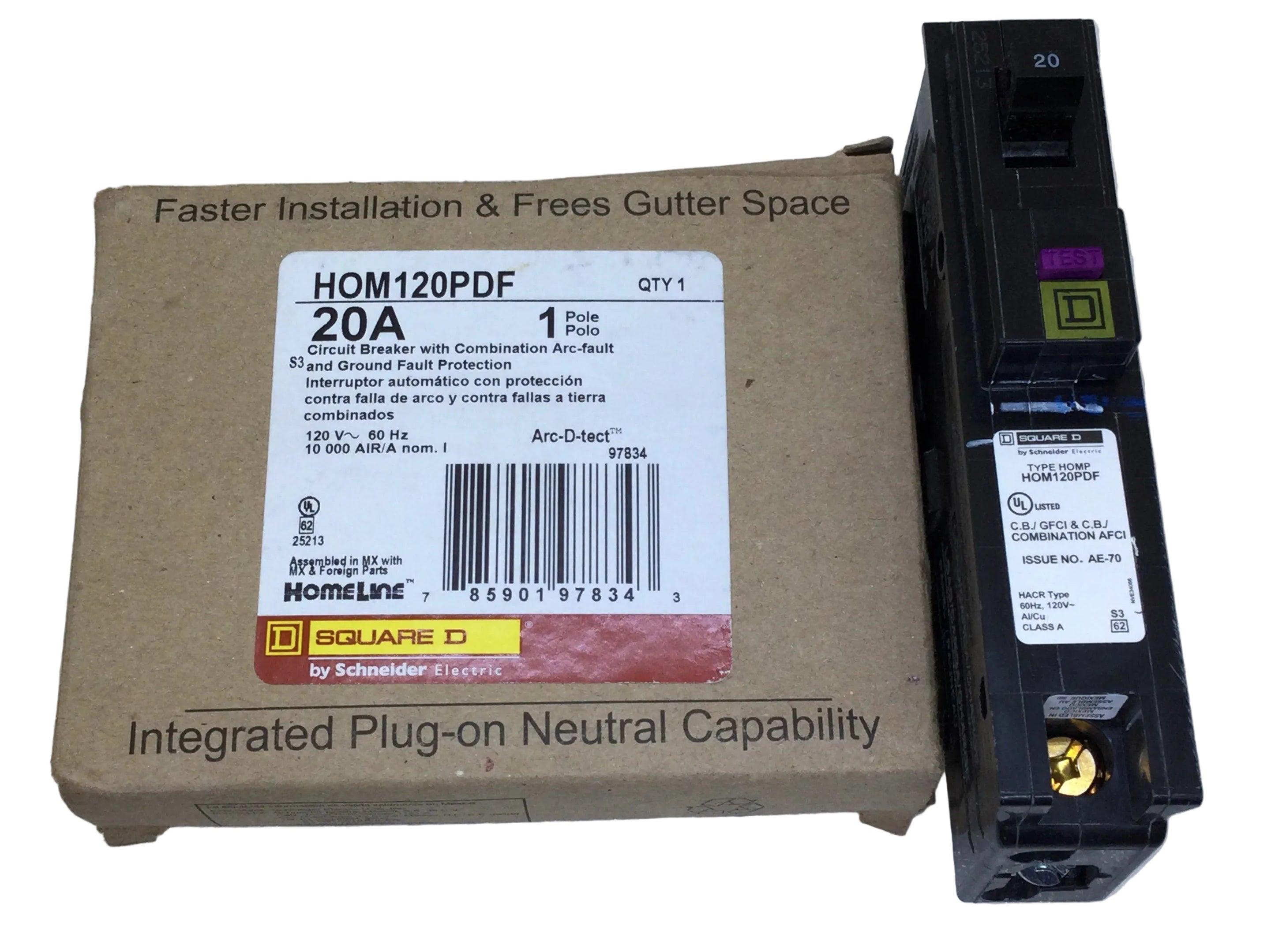Square D HOM120PDF 20 Amp 1 Pole 120V Dual Function Neutral Circuit Breaker