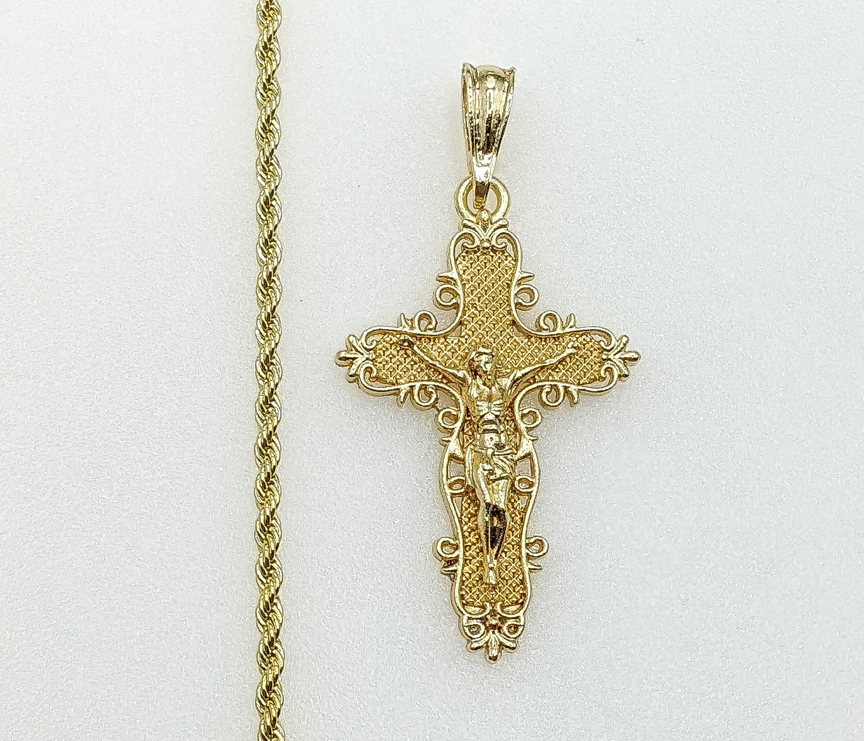 Gold Plated Cross Crucifix Pendant 2mm Chain Necklace Men Women Oro Cruz Cadena - Picture 7 of 7