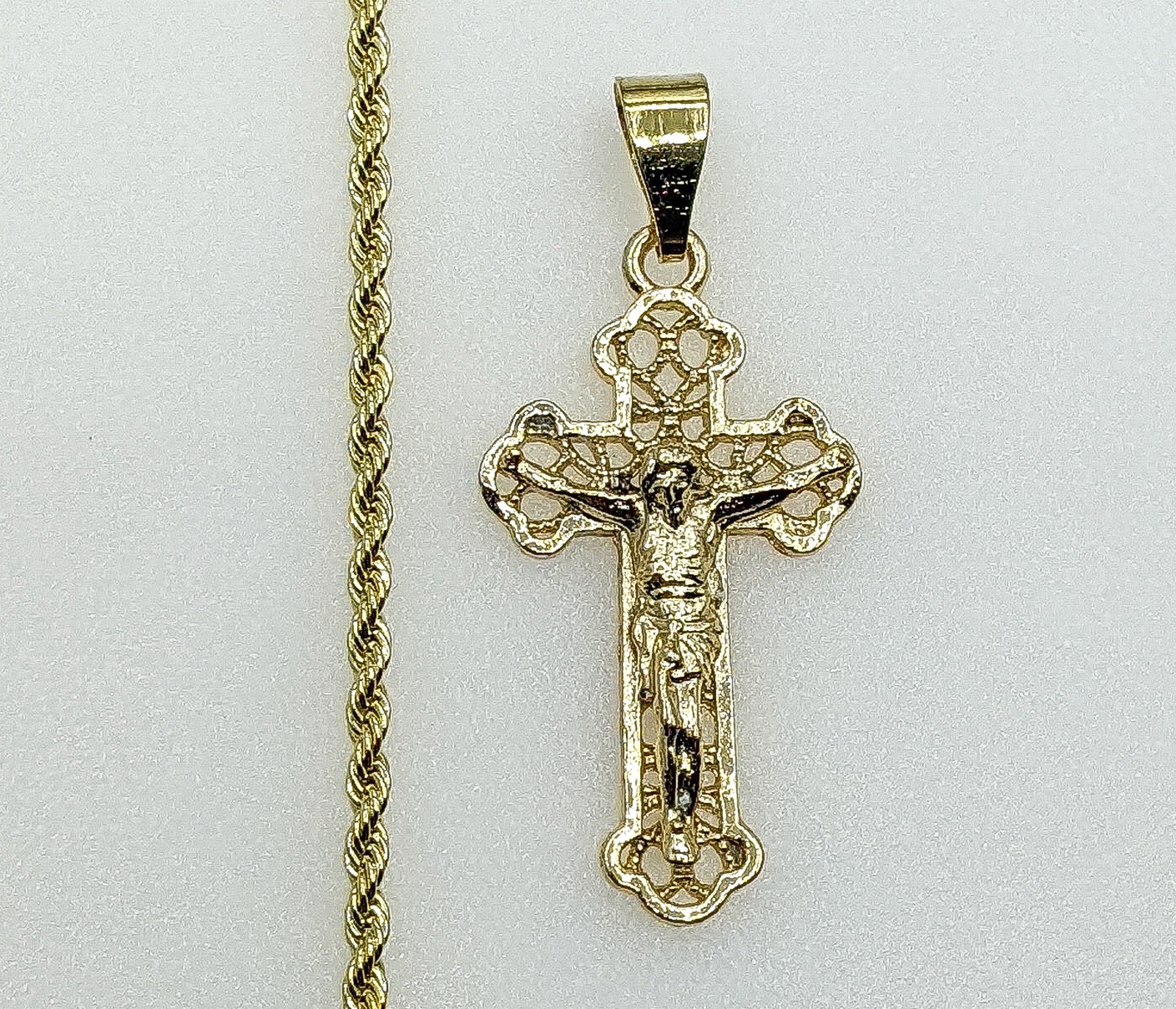 Gold Plated Cross Crucifix Pendant 2mm Chain Necklace Men Women Oro Cruz Cadena - Picture 5 of 6