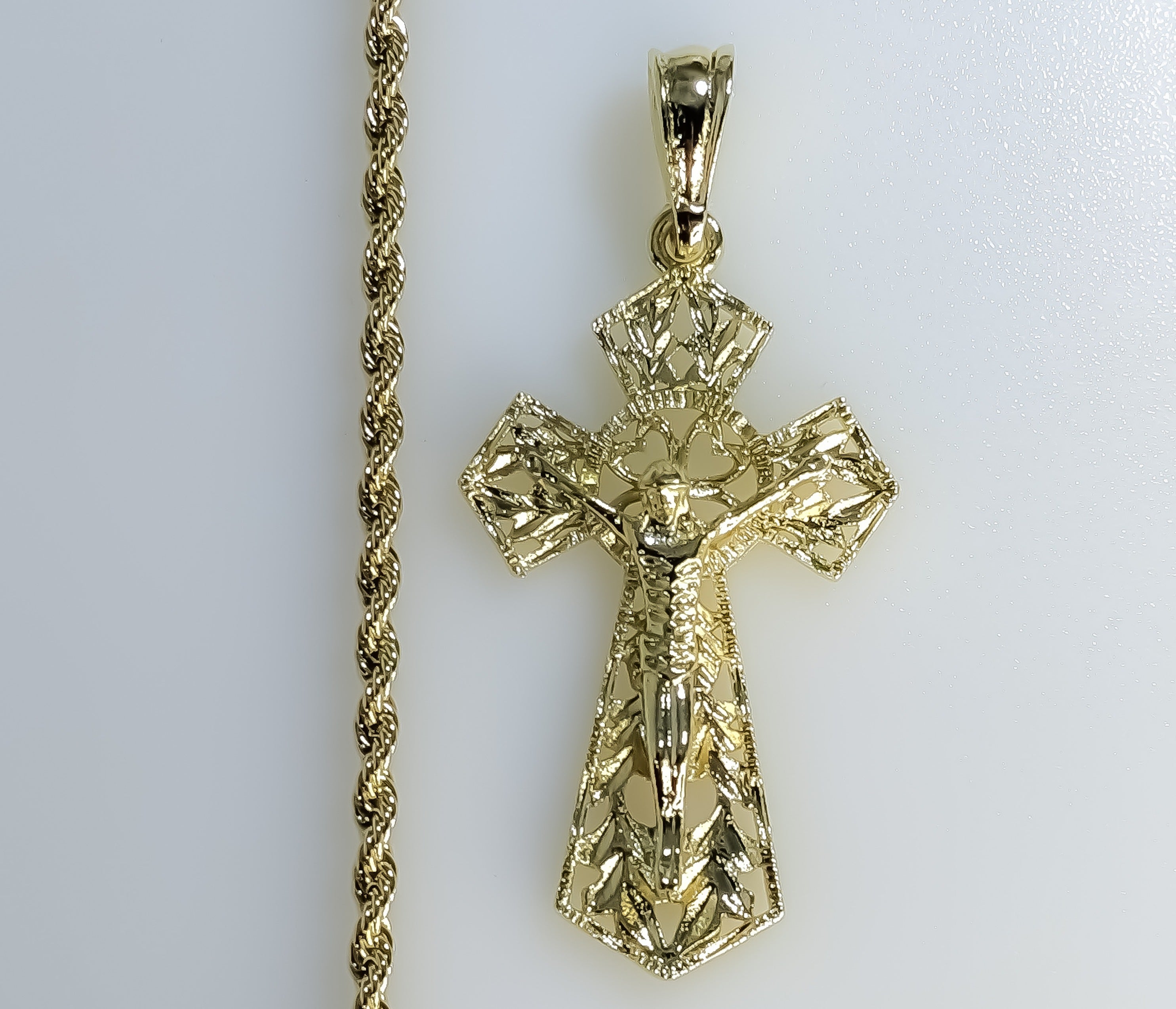Gold Plated Cross Crucifix Pendant 3mm Chain Necklace Men Women Oro Cruz Cadena - Picture 6 of 7