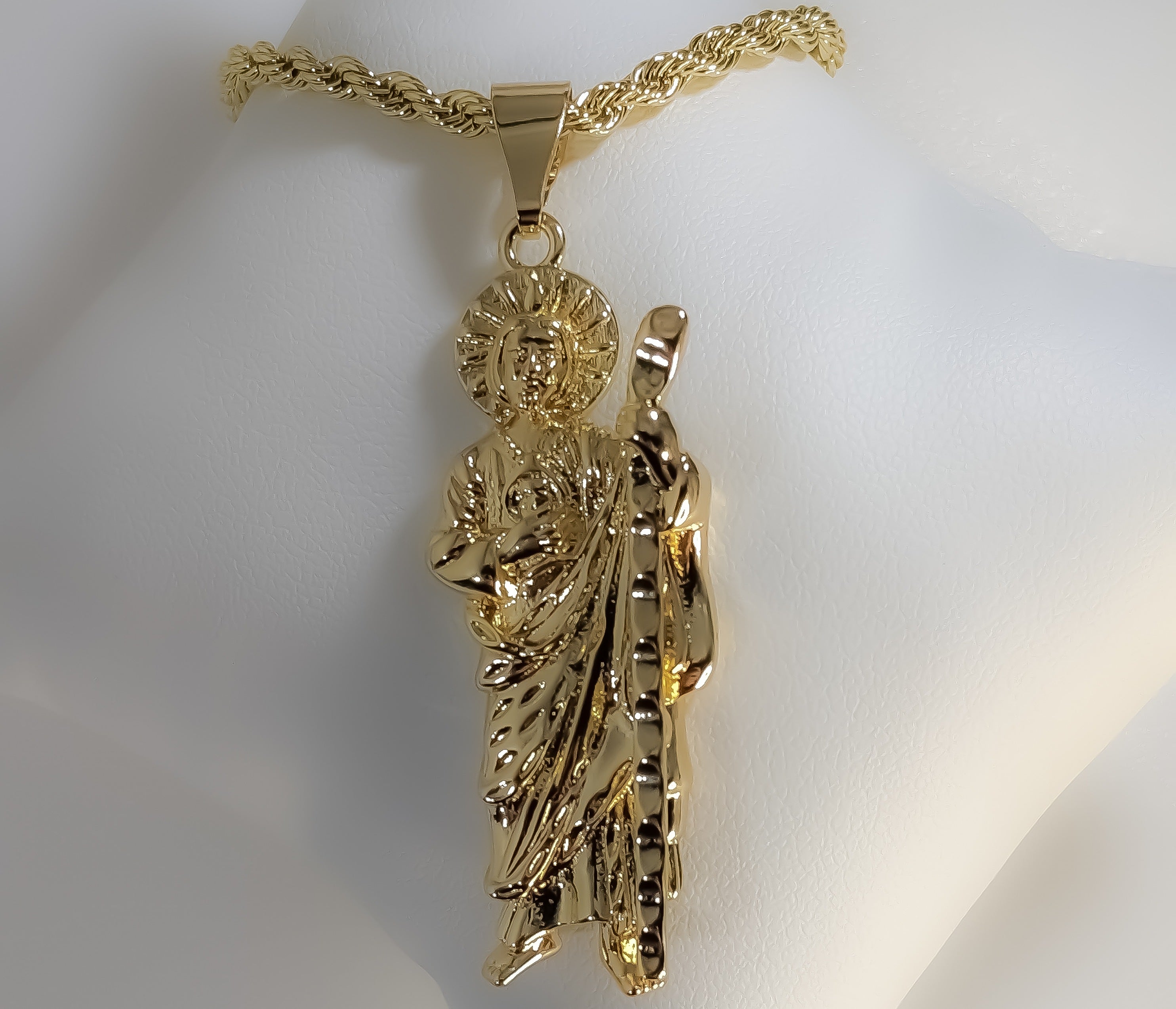 Gold Plated Saint Jude Pendant 3mm Chain Necklace Oro San Judas Dije Cadena Men - Picture 6 of 7