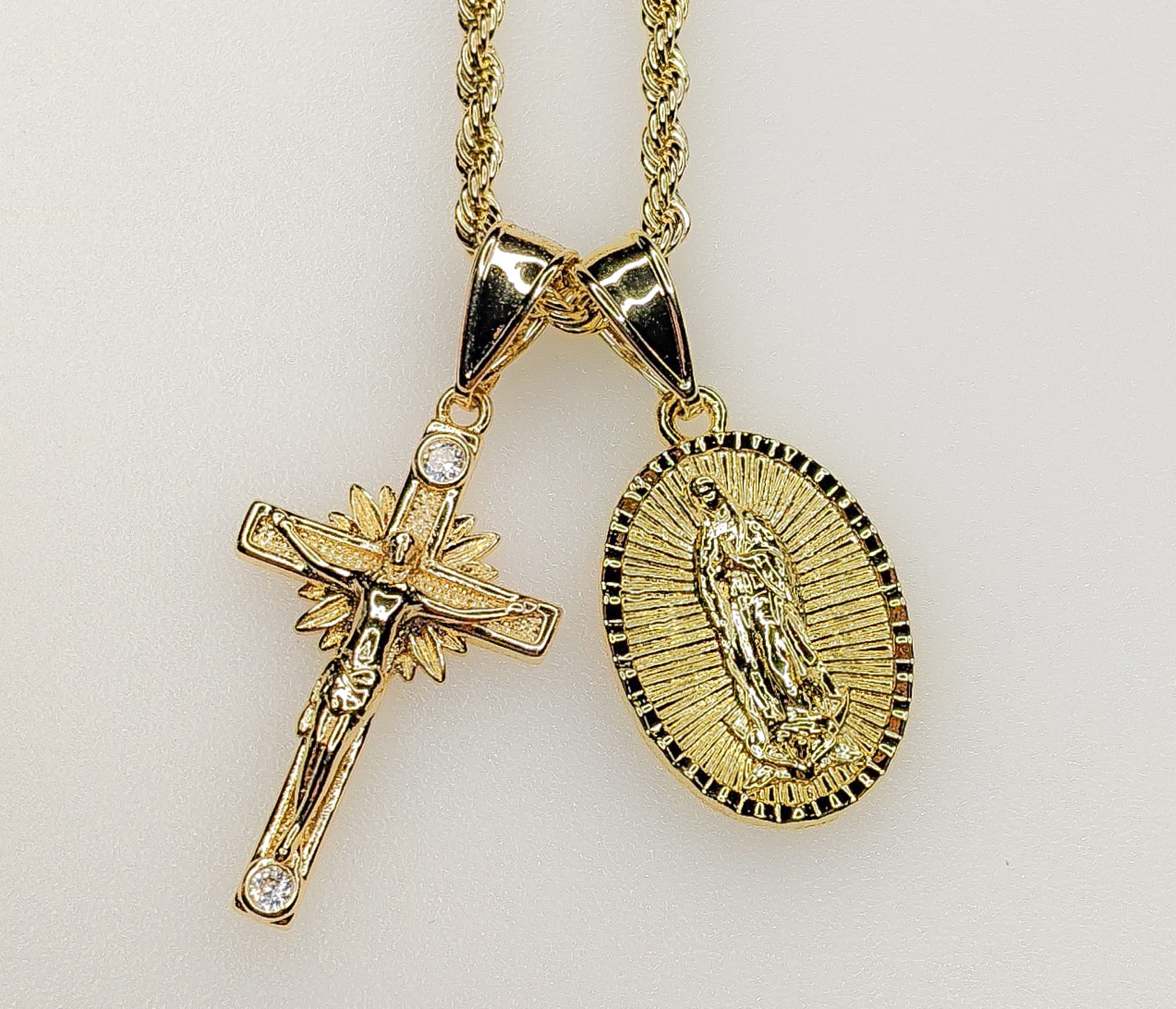Dijes Colgantes Doble Cruz Virgen María 3mm Chapado Collar Virgen María Cruz - Imagen 7 de 8