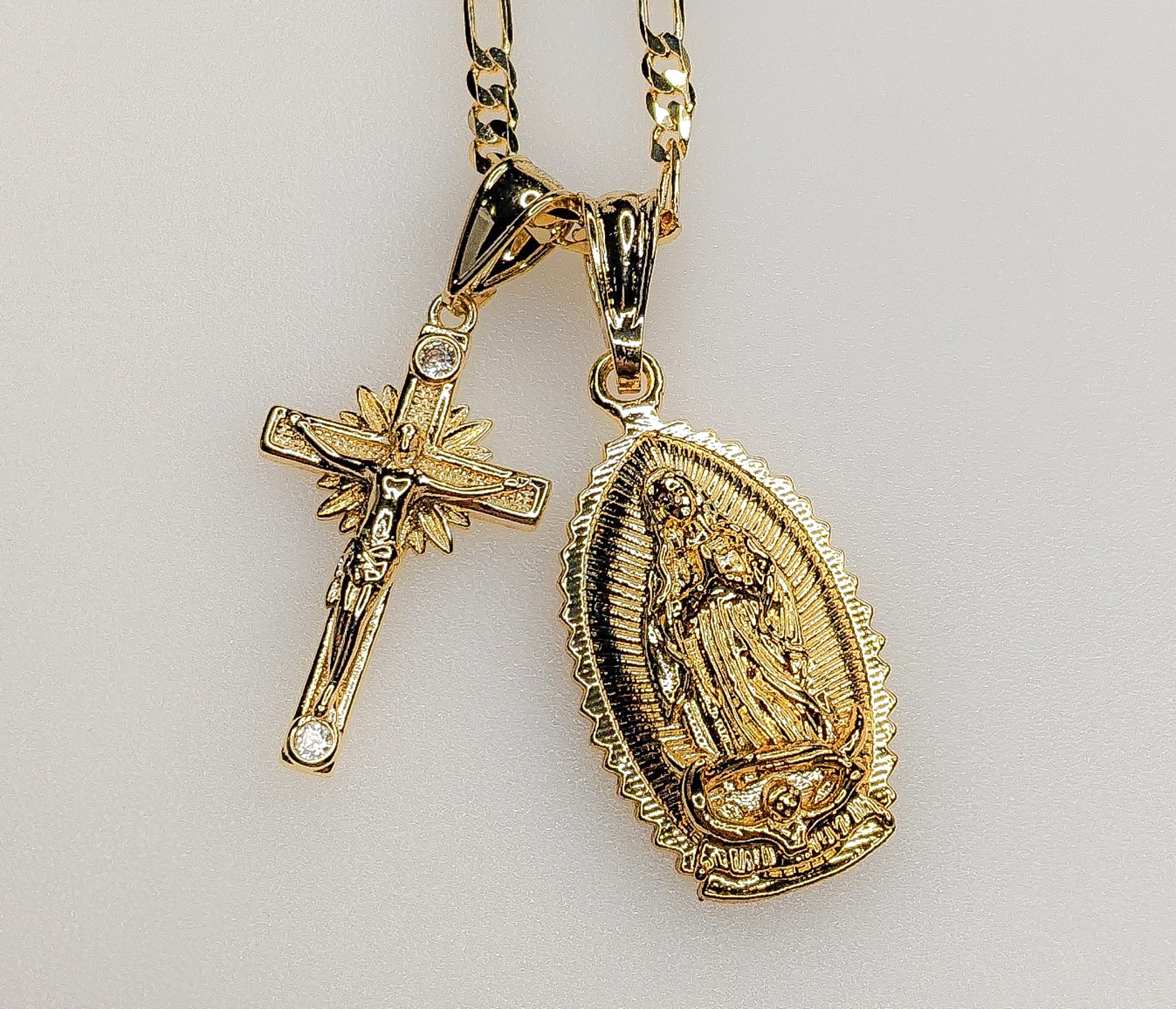 Dijes Colgantes Doble Cruz Virgen María 3mm Chapado Collar Virgen María Cruz - Imagen 7 de 7