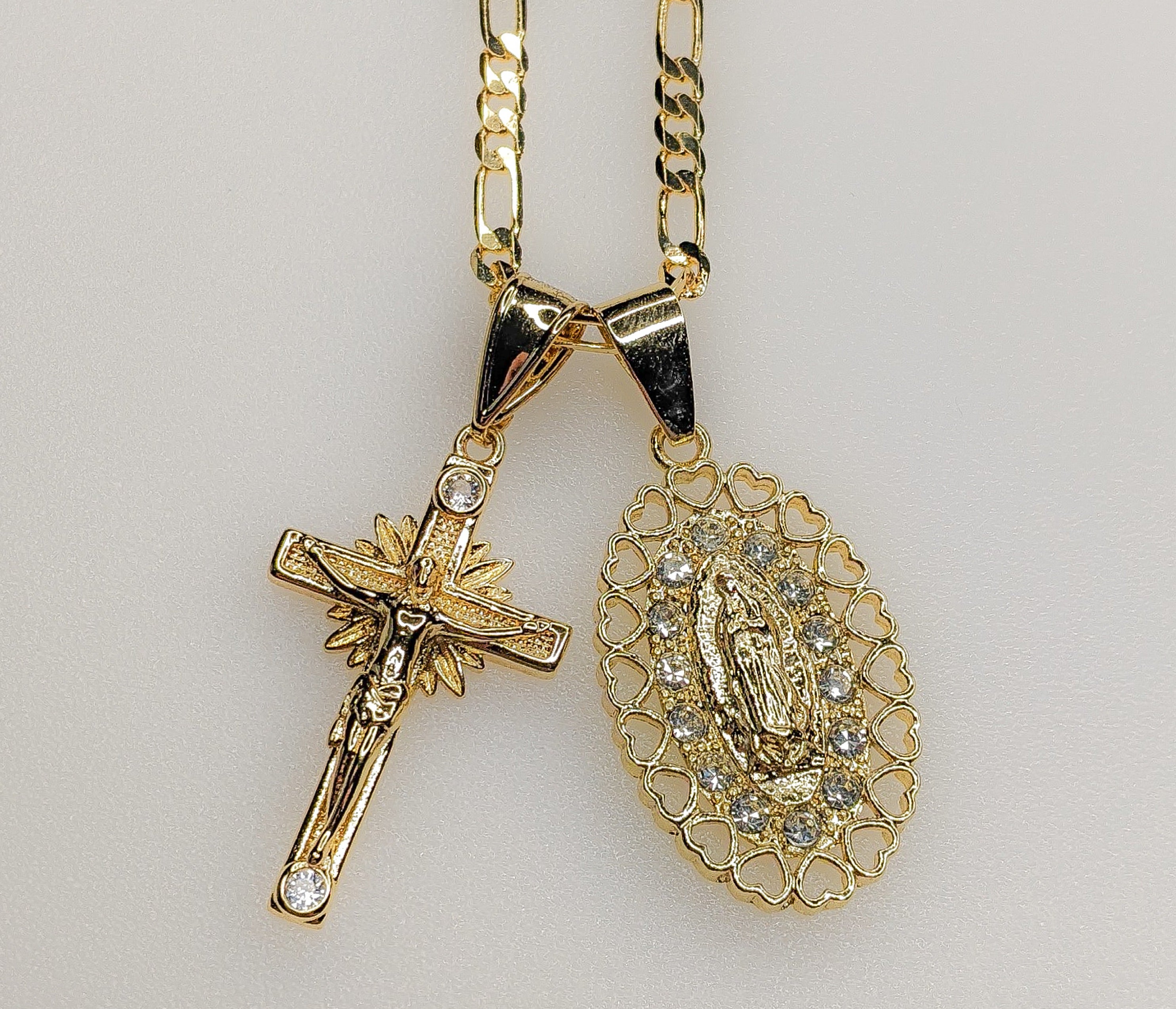 Dijes Colgantes Doble Cruz Virgen María 3mm Chapado Collar Virgen María Cruz - Imagen 7 de 7