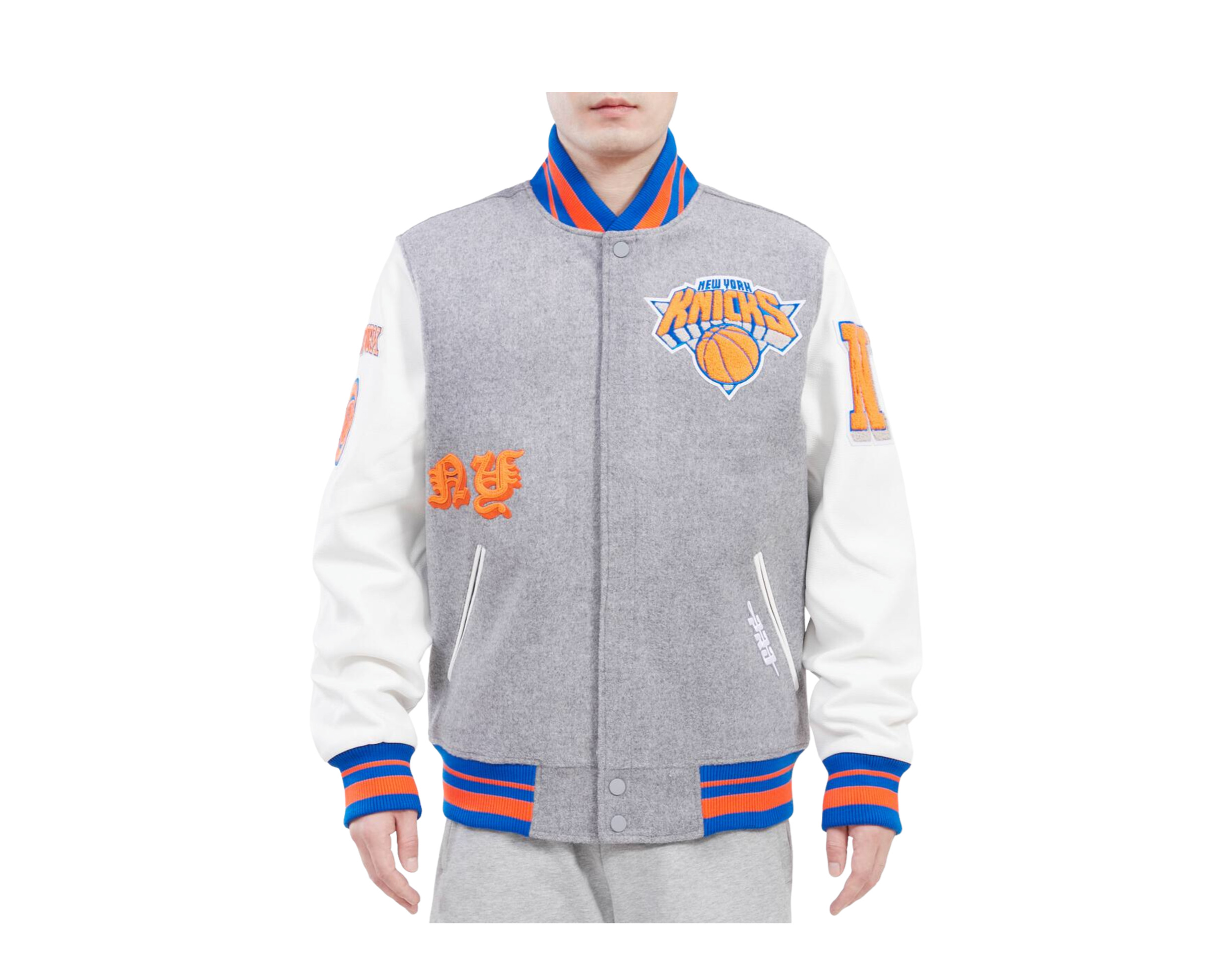 Pre-owned Pro Standard York Knicks Old English Grey/white Varsity Jacket Bnk654317-hro In Heather Grey/royal/orange