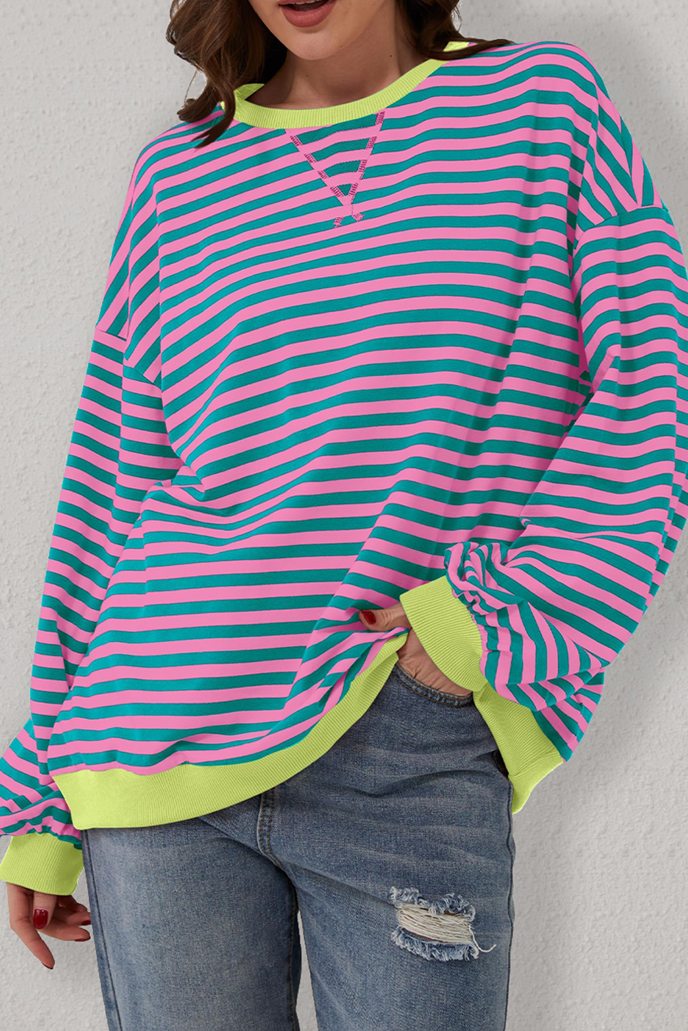 Cali schickes Damen Sweatshirt grün gestreift Oversize Kontrast Strick Rundpullover - Bild 14 von 24