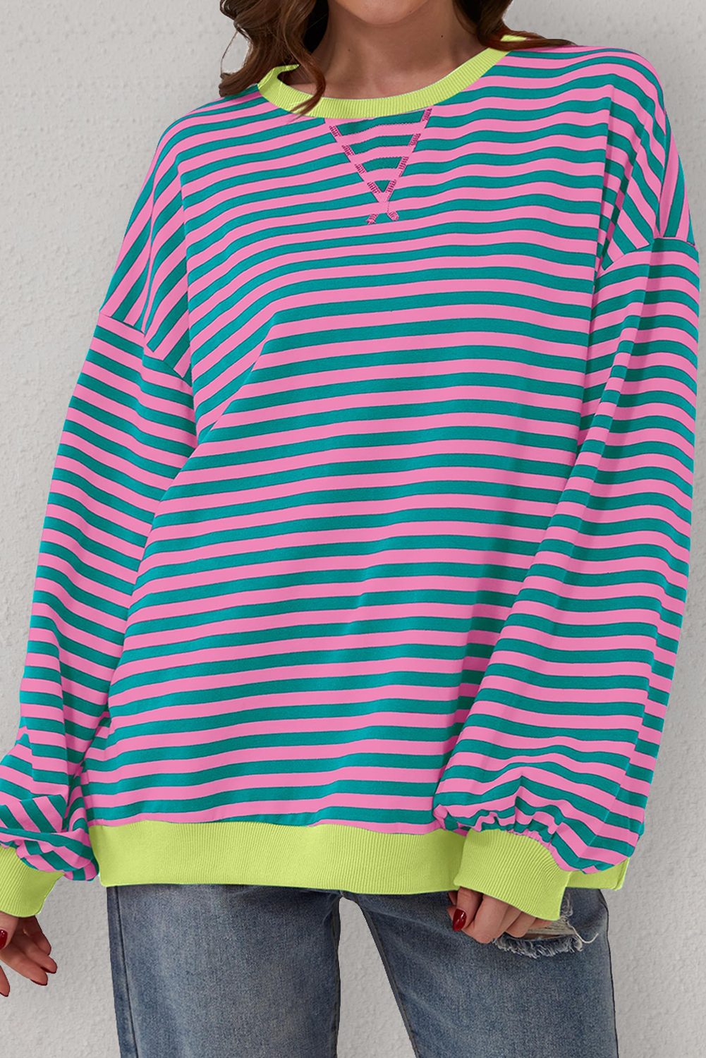 Cali schickes Damen Sweatshirt grün gestreift Oversize Kontrast Strick Rundpullover - Bild 16 von 24