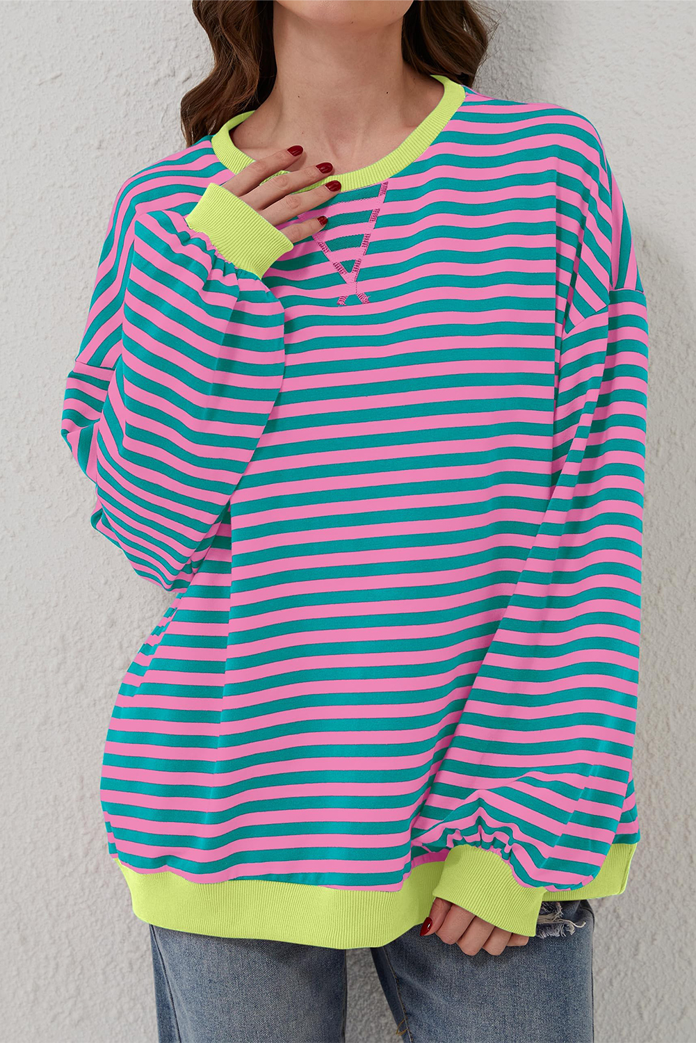 Cali schickes Damen Sweatshirt grün gestreift Oversize Kontrast Strick Rundpullover - Bild 15 von 24