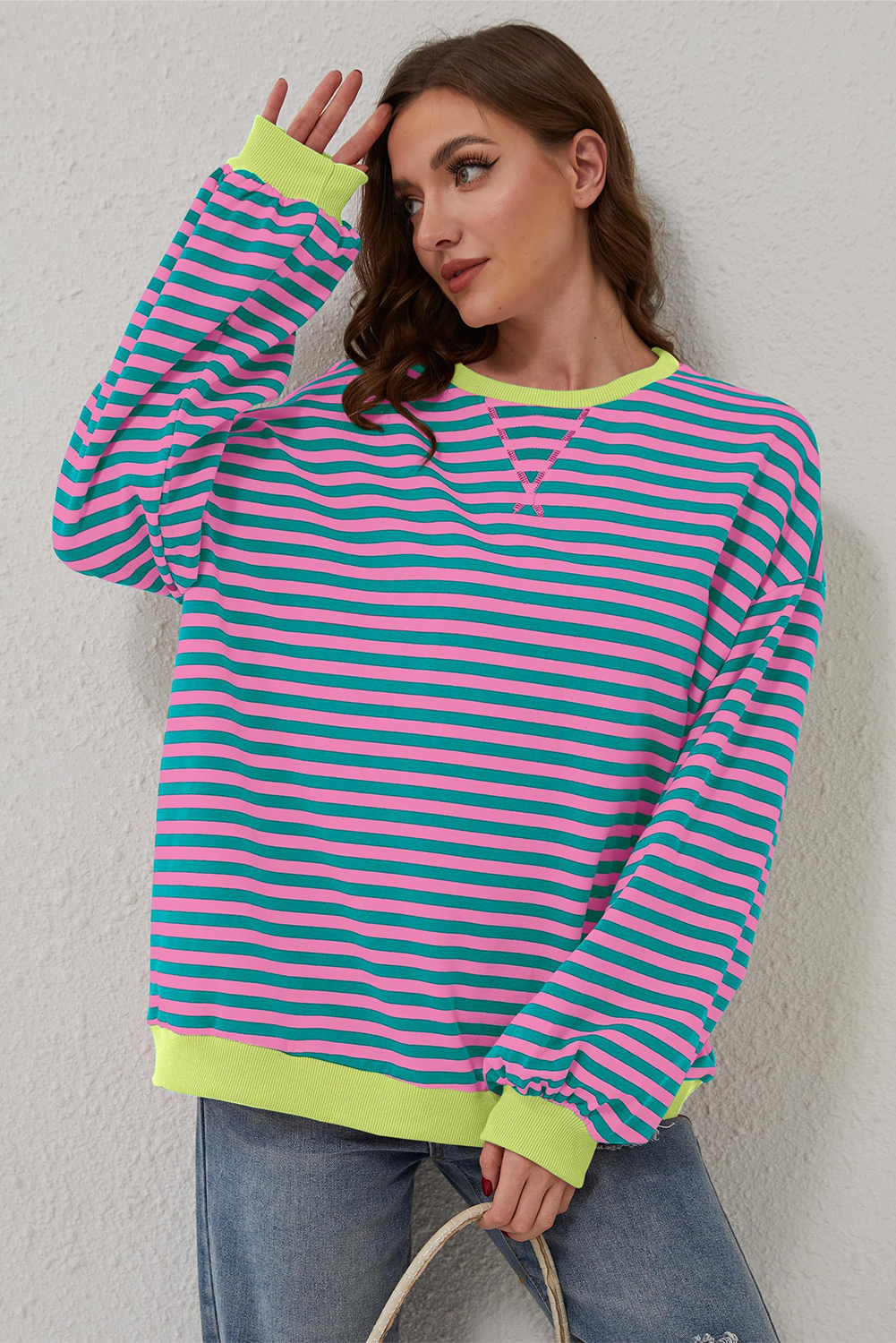 Cali schickes Damen Sweatshirt grün gestreift Oversize Kontrast Strick Rundpullover - Bild 13 von 24