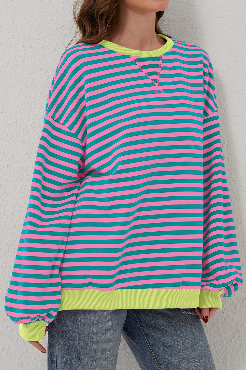 Cali schickes Damen Sweatshirt grün gestreift Oversize Kontrast Strick Rundpullover - Bild 18 von 24