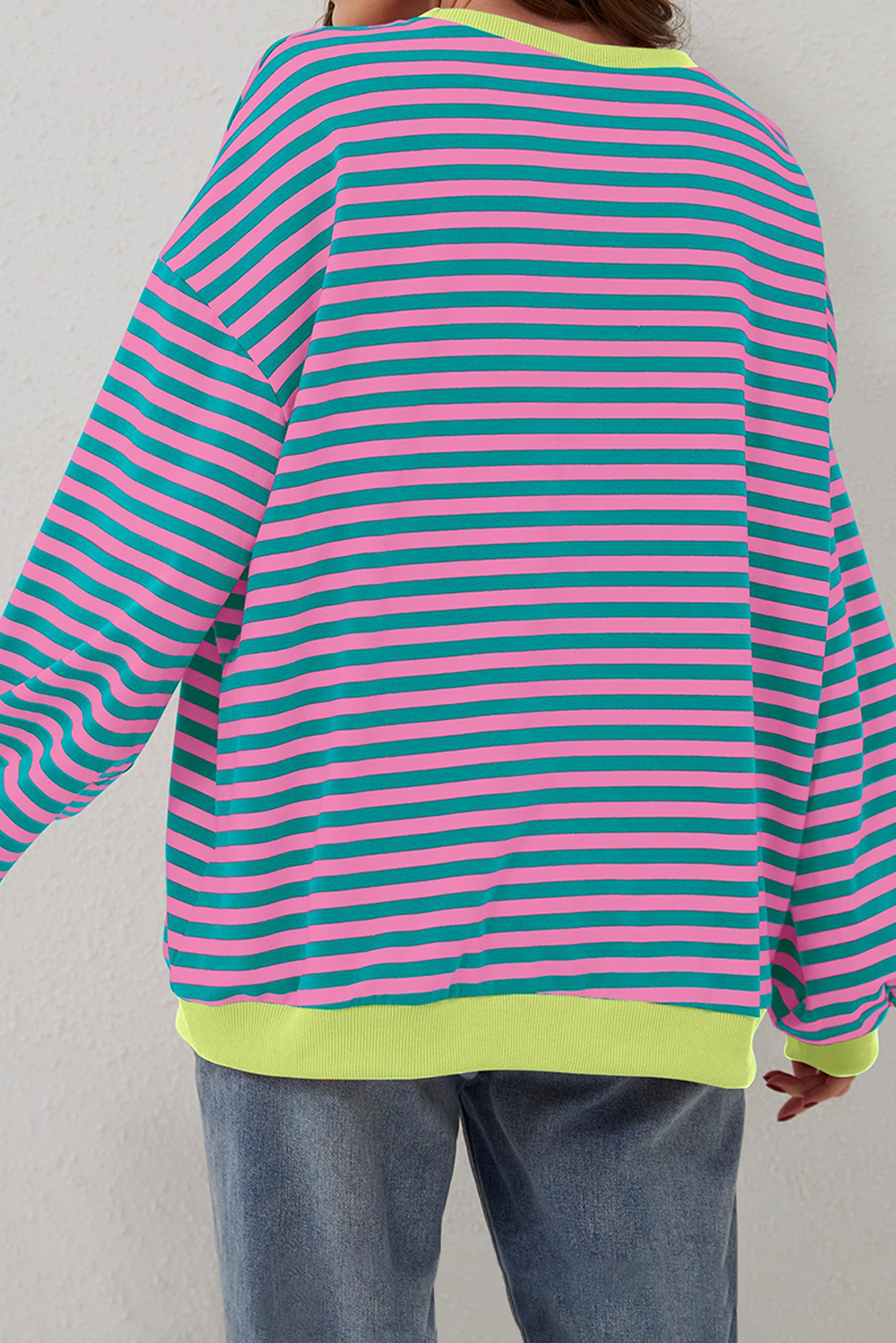 Cali schickes Damen Sweatshirt grün gestreift Oversize Kontrast Strick Rundpullover - Bild 19 von 24