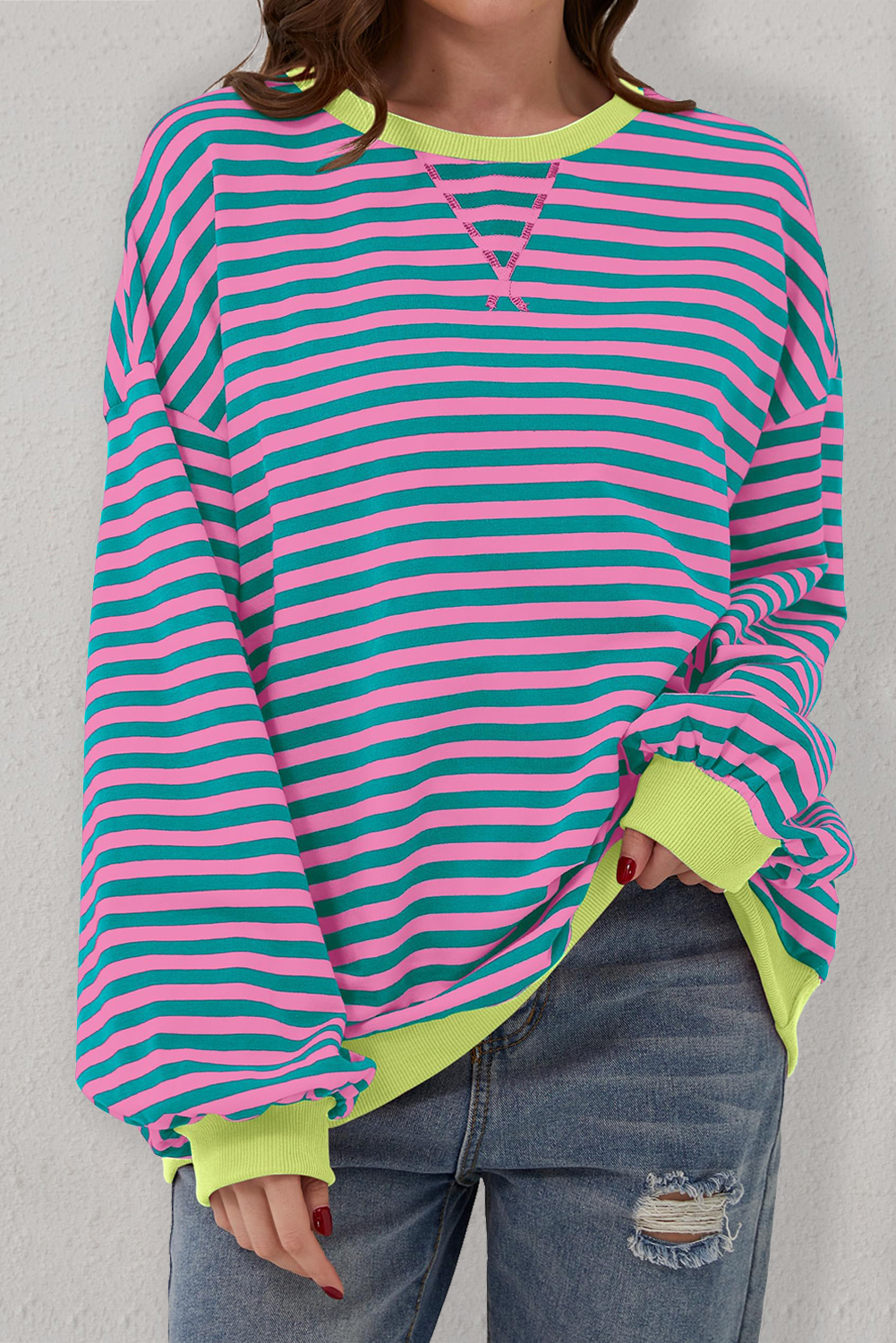 Cali schickes Damen Sweatshirt grün gestreift Oversize Kontrast Strick Rundpullover - Bild 17 von 24
