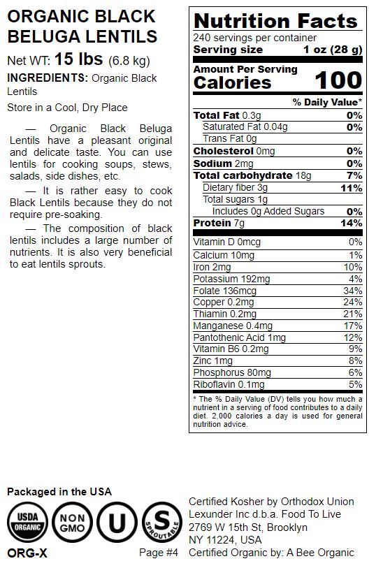 Organic Black Beluga Lentils Whole, NonGMO, Kosher, Sproutable Food