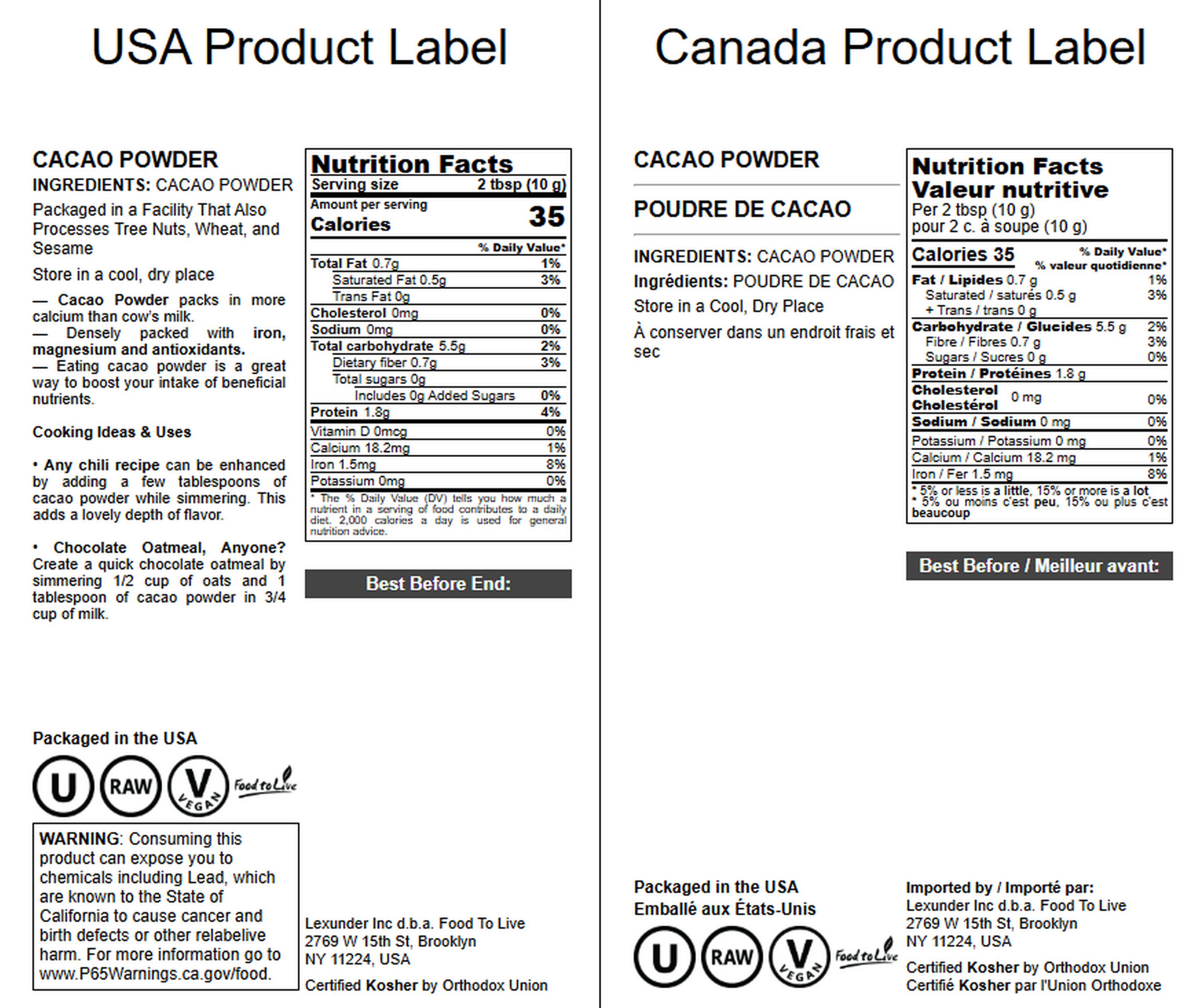 Cacao Powder – Kosher, Raw, Vegan, Unsweetened, Sirtfood, Bulk – Food to Live - Picture 22 of 43