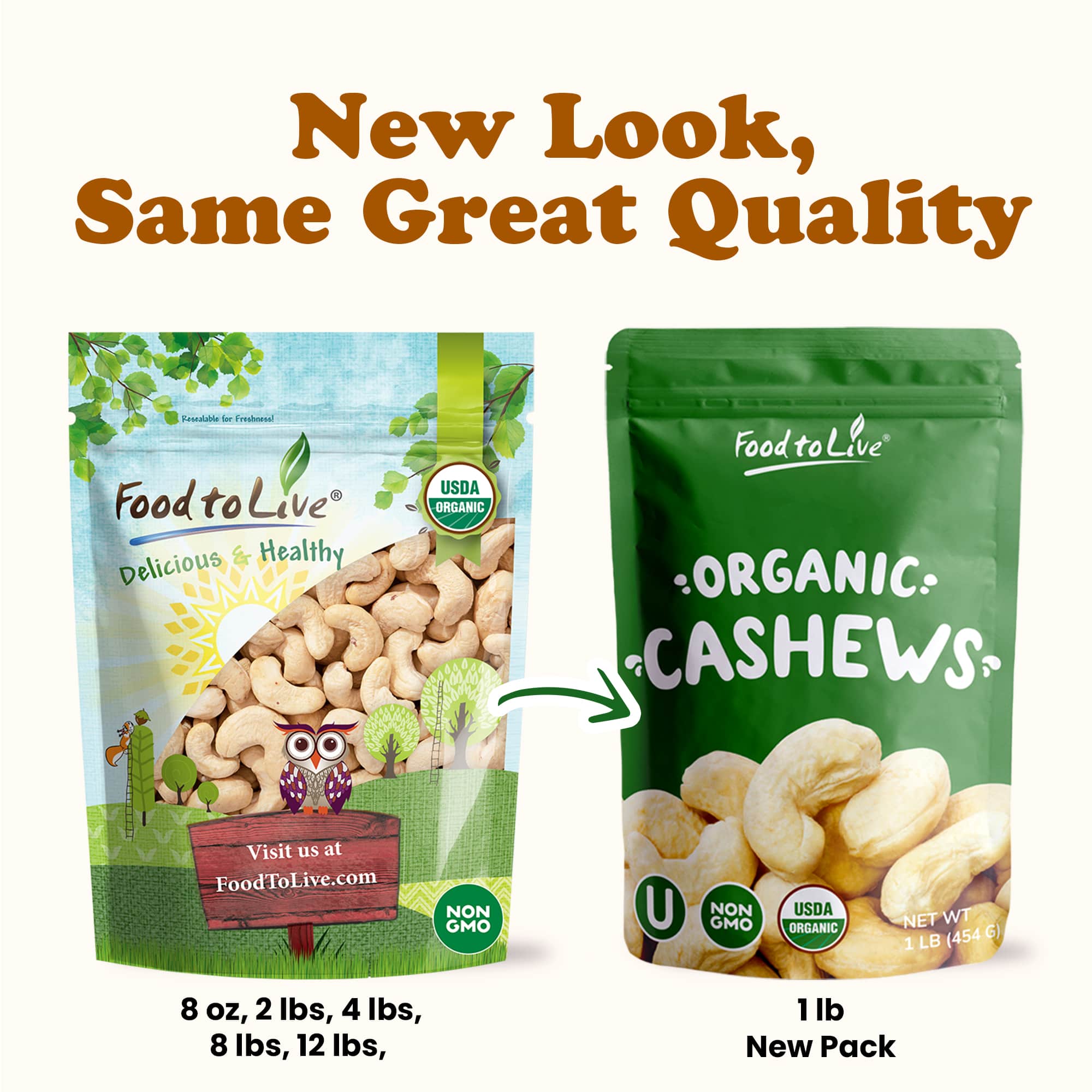 Organic Whole Cashews, W320 - Non-GMO, Kosher, Raw, Vegan - by Food to Live