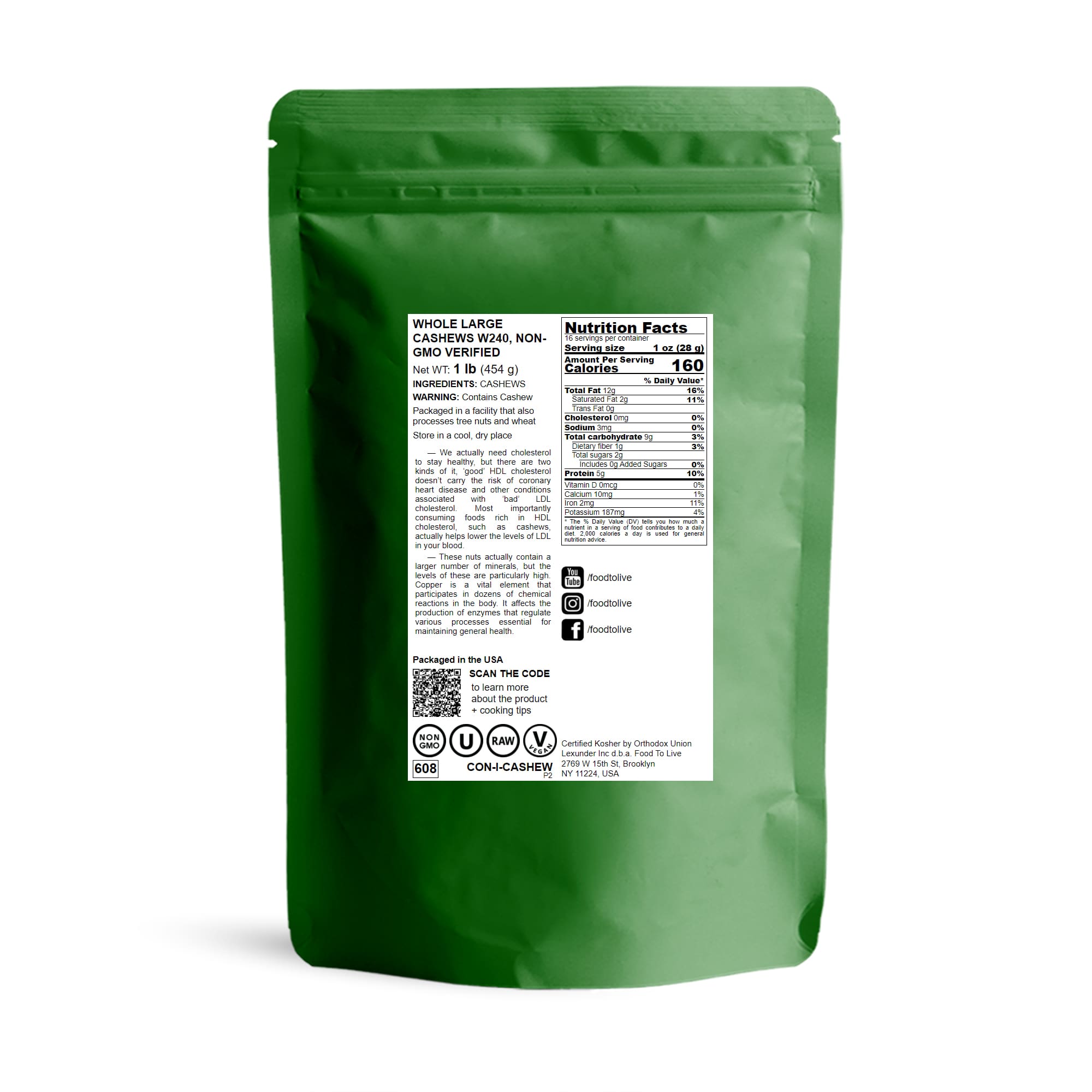 Whole Large Cashews W240, Non-GMO Verified - Kosher, Raw - by Food To Live - Picture 20 of 72