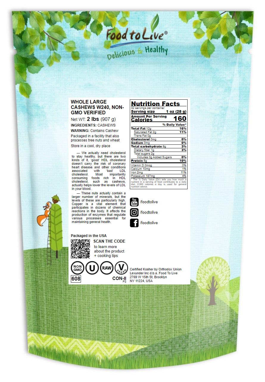 Whole Large Cashews W240, Non-GMO Verified - Kosher, Raw - by Food To Live - Picture 29 of 72