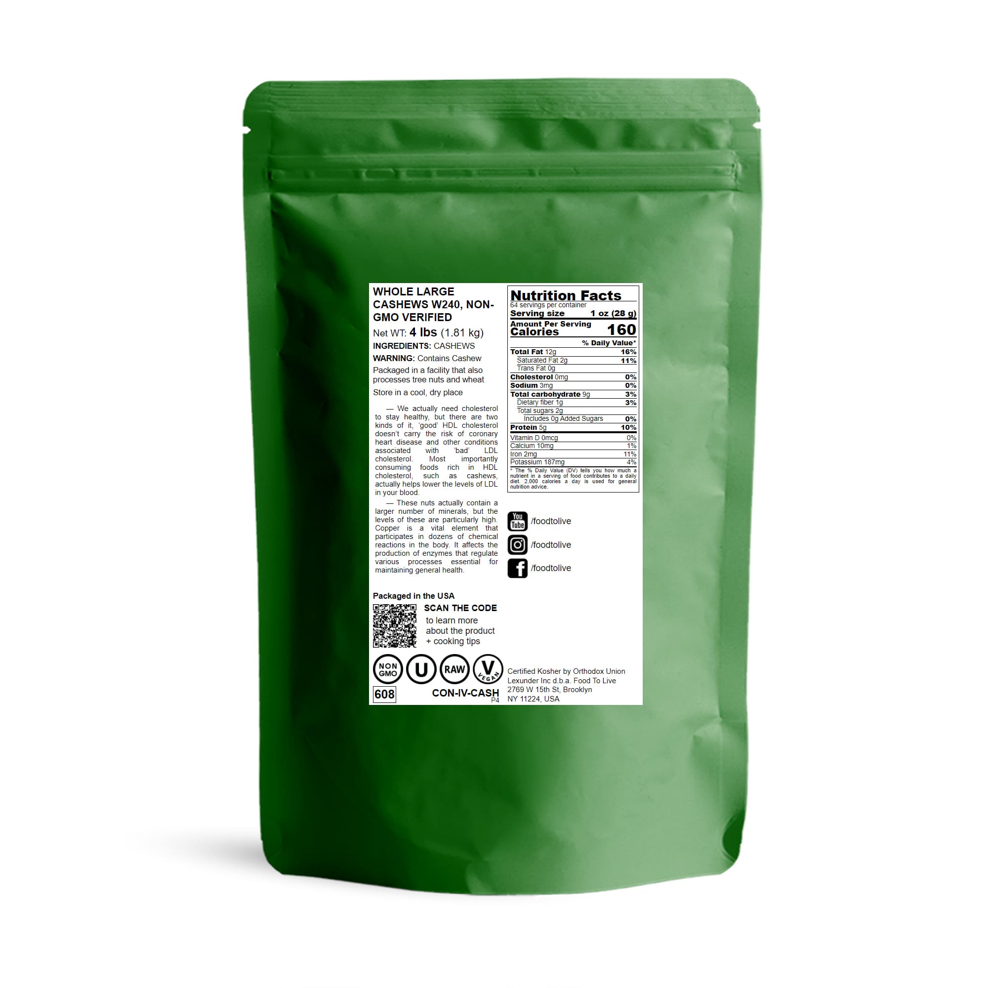 Whole Large Cashews W240, Non-GMO Verified - Kosher, Raw - by Food To Live - Picture 38 of 72