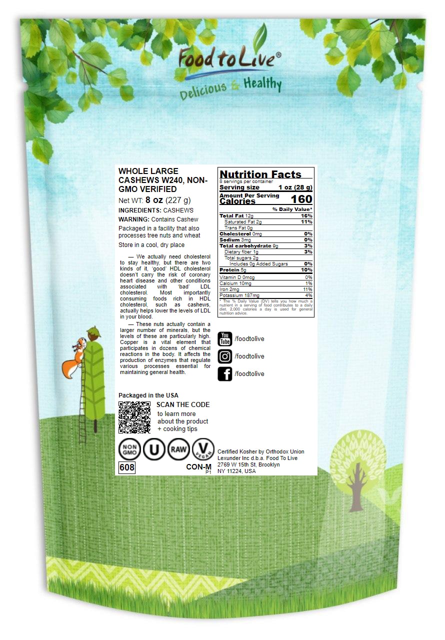 Whole Large Cashews W240, Non-GMO Verified - Kosher, Raw - by Food To Live - Picture 11 of 72